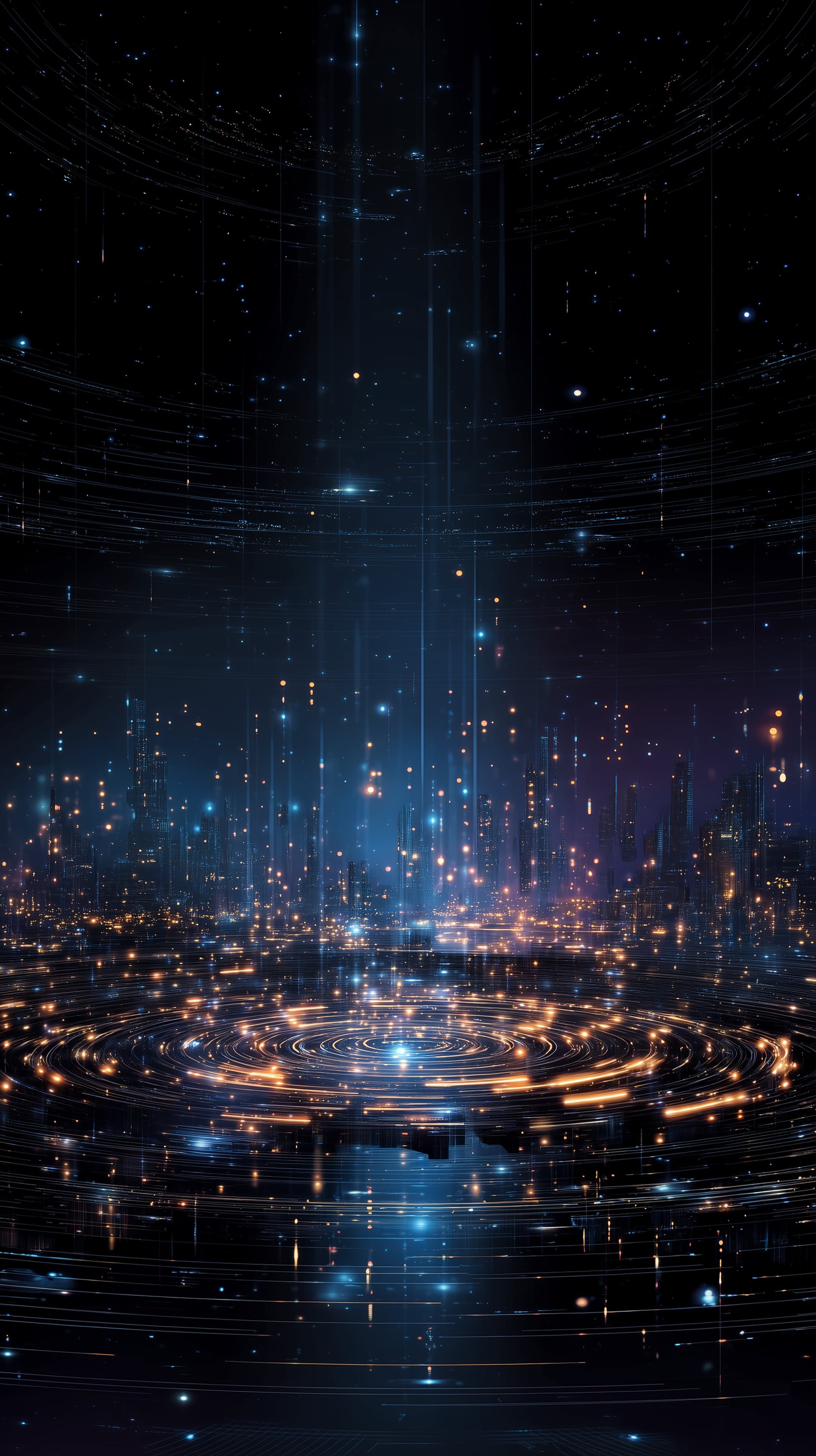 Futuristic Neon Cityscape with Circular Energy Rings - High Resolution blue-glow Wallpaper for Mobile and Desktop