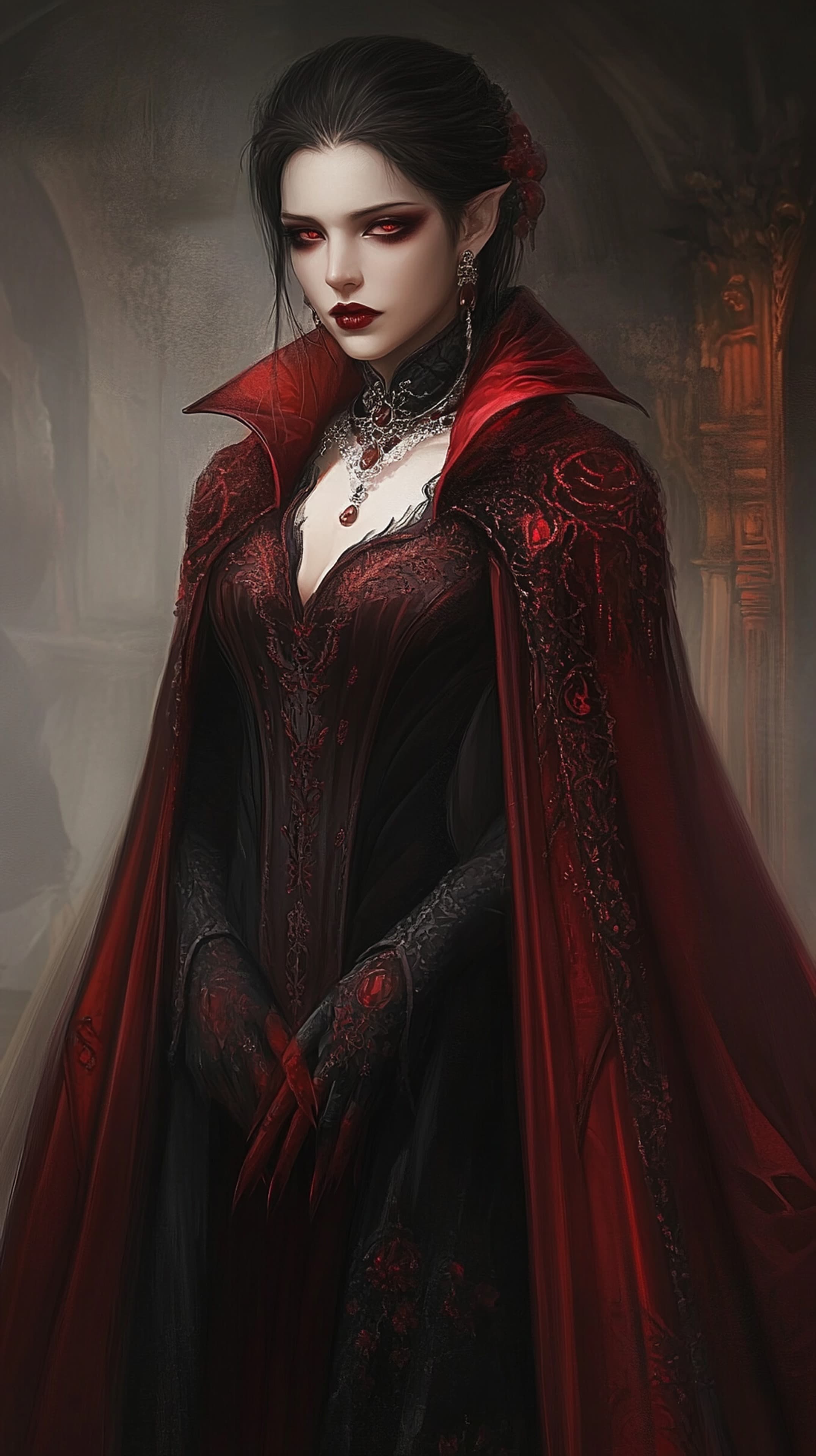 Gothic Beauty in Black Lace: Dark Red-Eyed Portrait Wallpaper - High Resolution gothic-woman Wallpaper for Mobile and Desktop