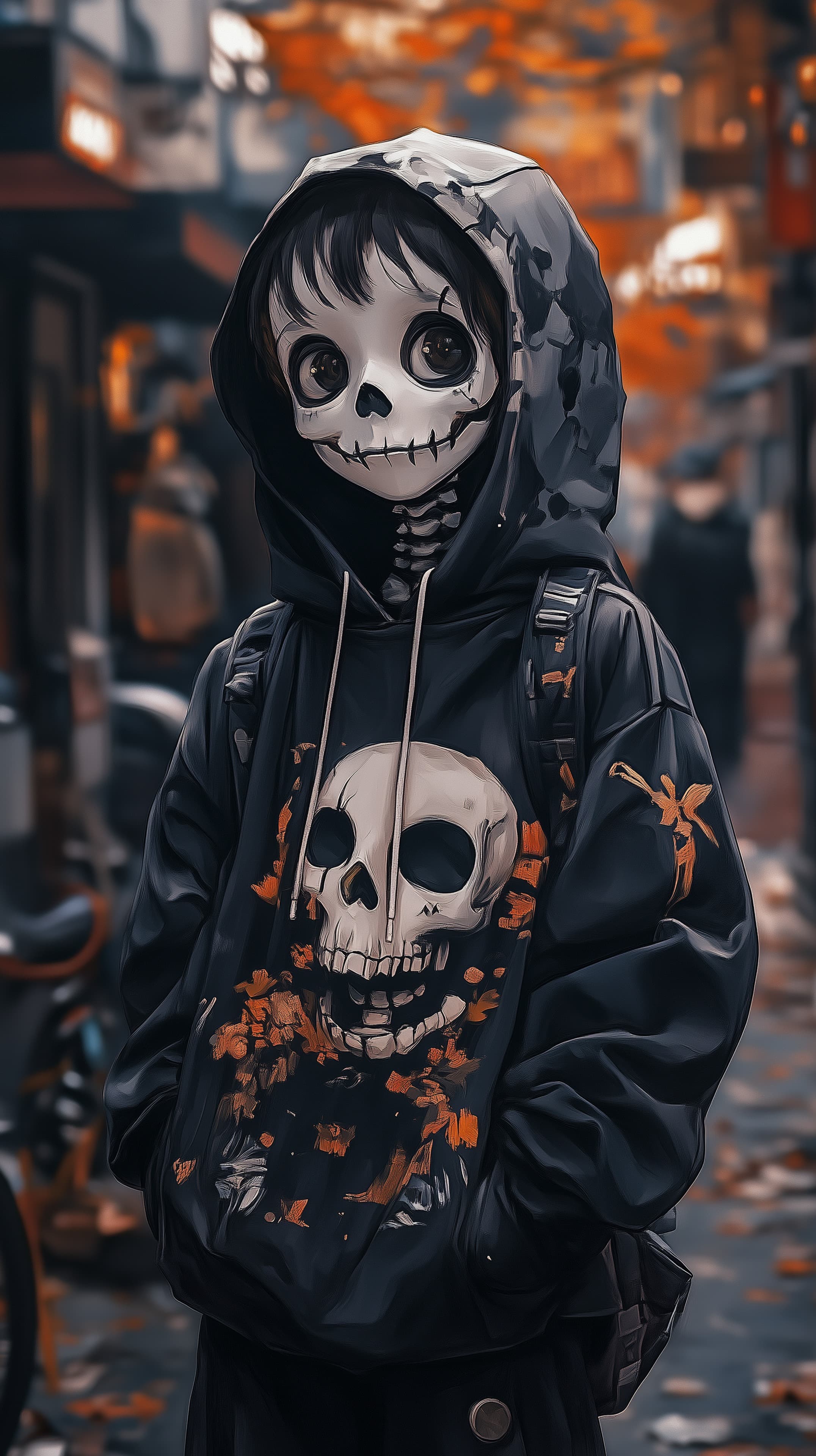 Moody Urban Skull Hoodie Artwork in Neon Street Scene - High Resolution dark-fantasy Wallpaper for Mobile and Desktop