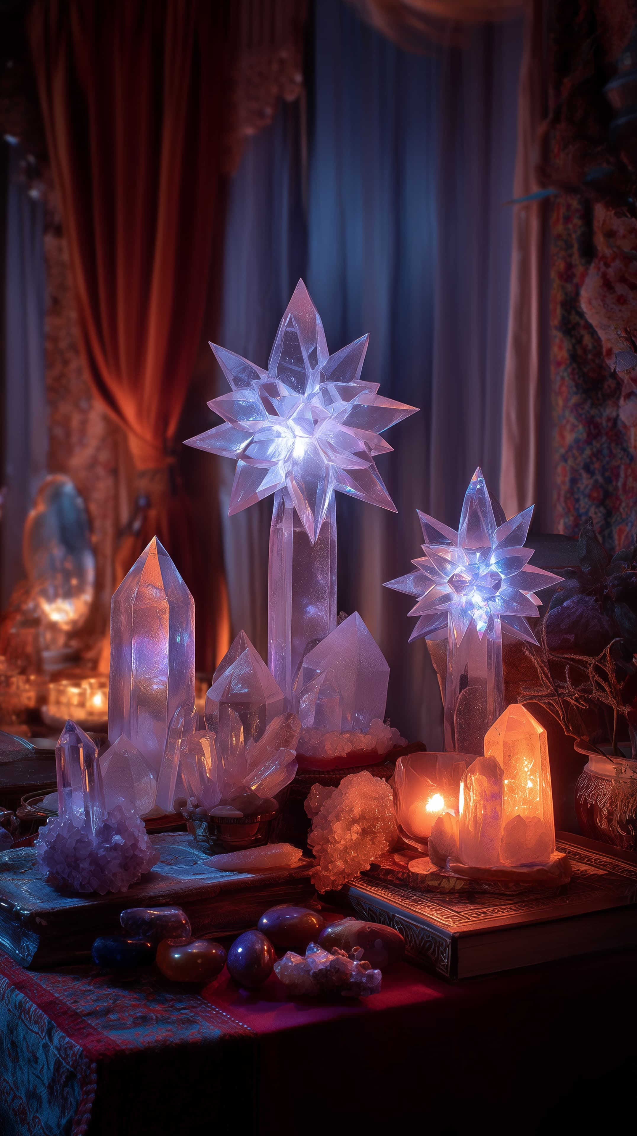 Mystic Crystal Star Glow: Iridescent Altar Scene with Crystals - High Resolution altar-decor Wallpaper for Mobile and Desktop