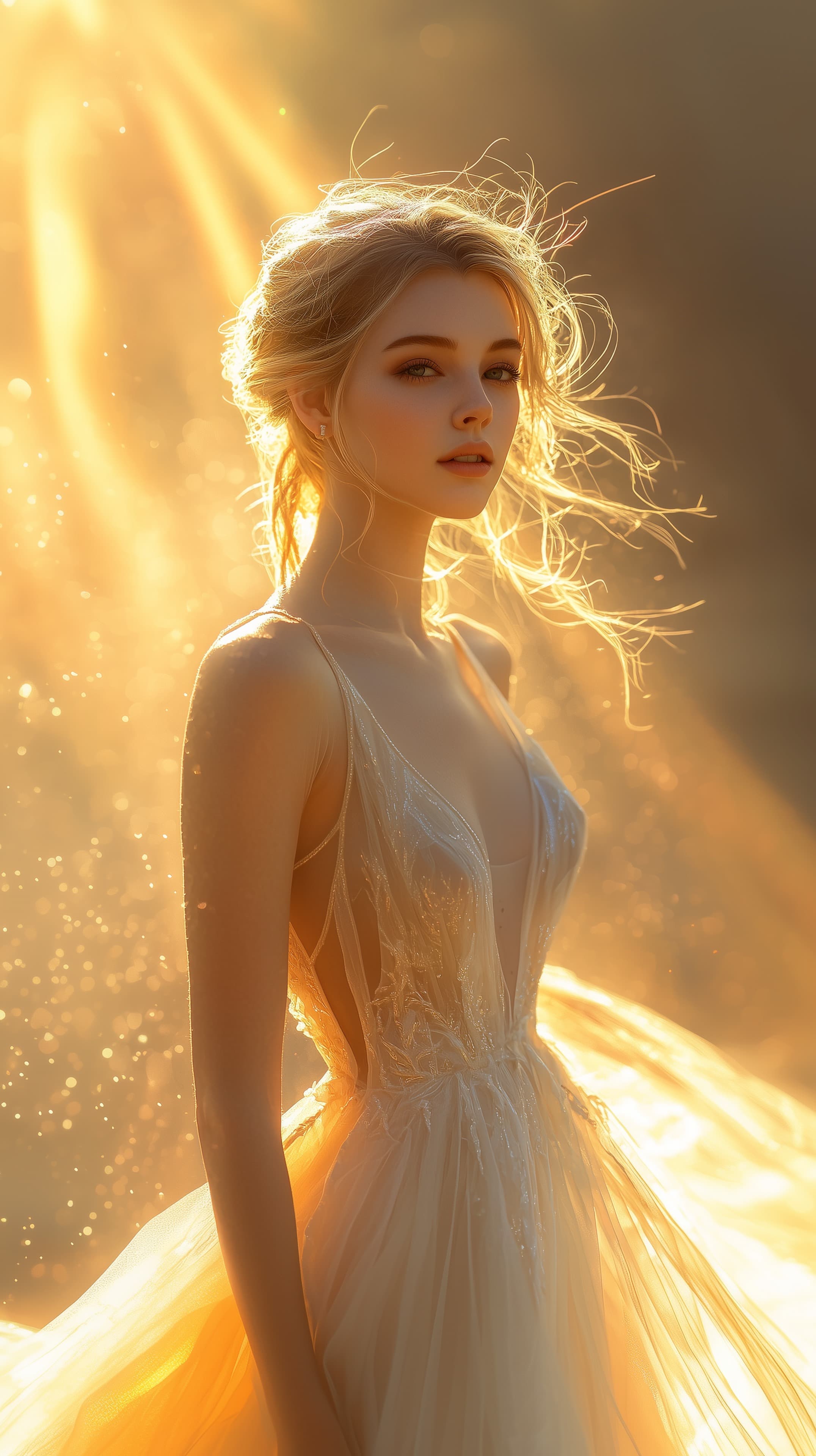 Golden Hour Portrait: Sunlit Woman in Ethereal Gown - High Resolution backlit Wallpaper for Mobile and Desktop