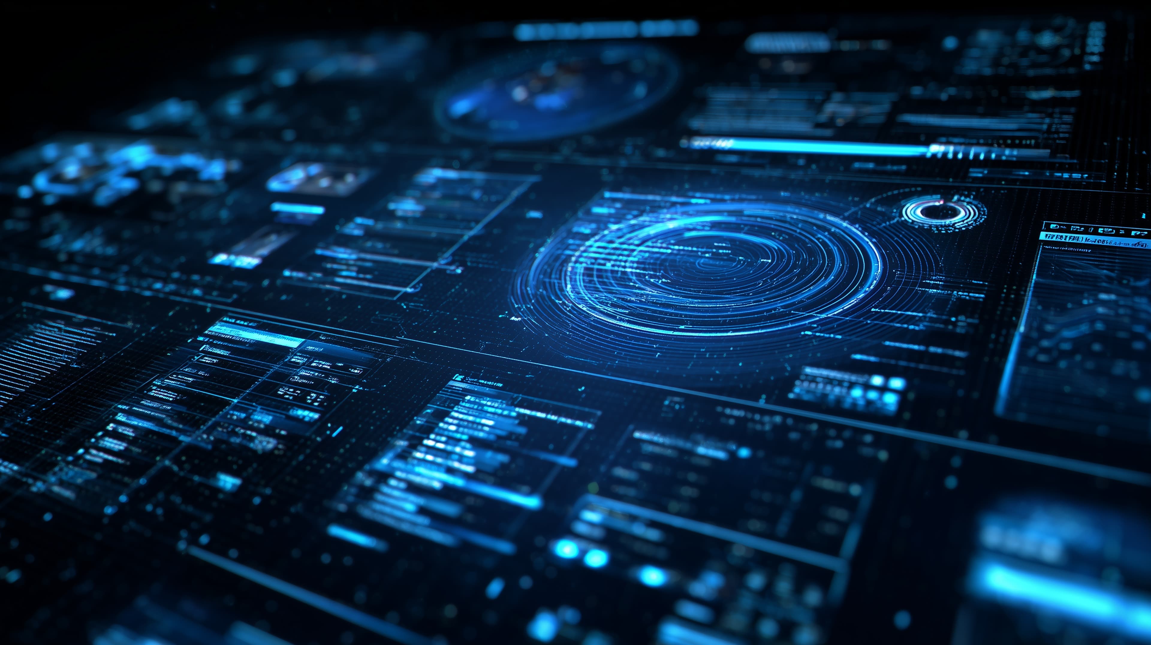 Futuristic Blue Digital Interface Wallpaper with Neon HUD Circuits - High Resolution blue Wallpaper for Mobile and Desktop