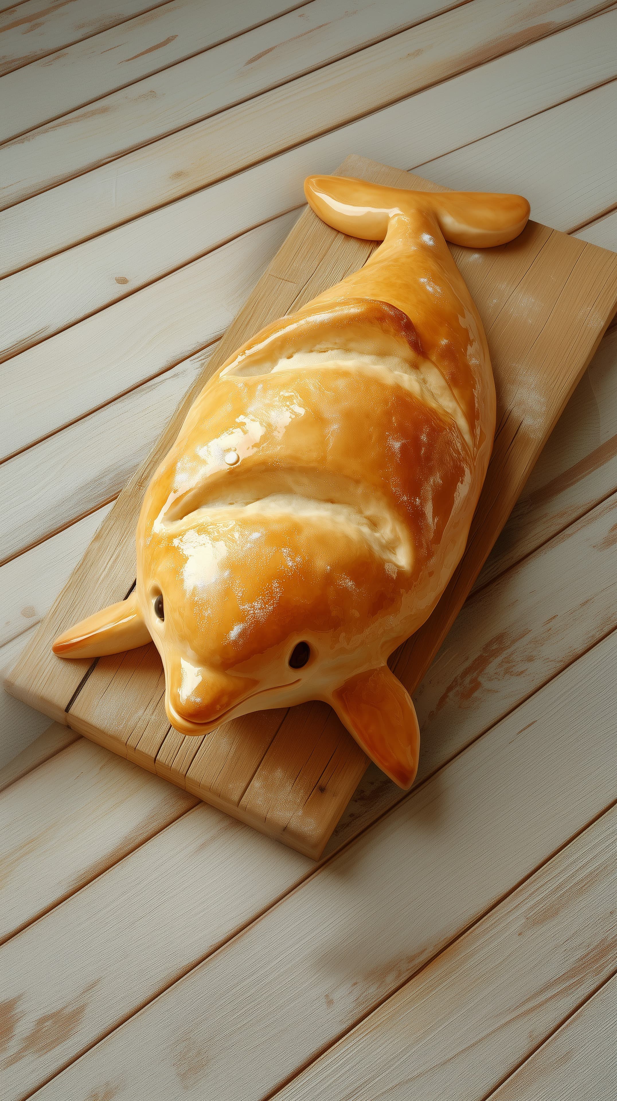 Golden Fish-Shaped Bread on Wooden Cutting Board: Wallpaper - High Resolution baked-goods Wallpaper for Mobile and Desktop