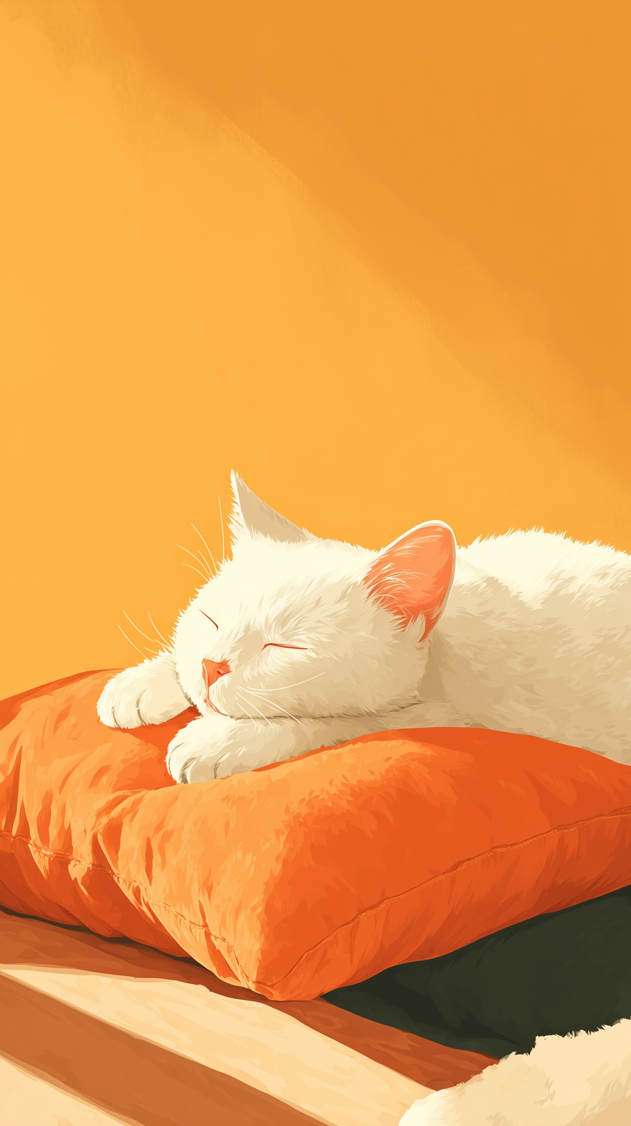 Cozy Orange Pillow Nap: White Cat Sleeping Illustration - High Resolution cat-wallpaper Wallpaper for Mobile and Desktop