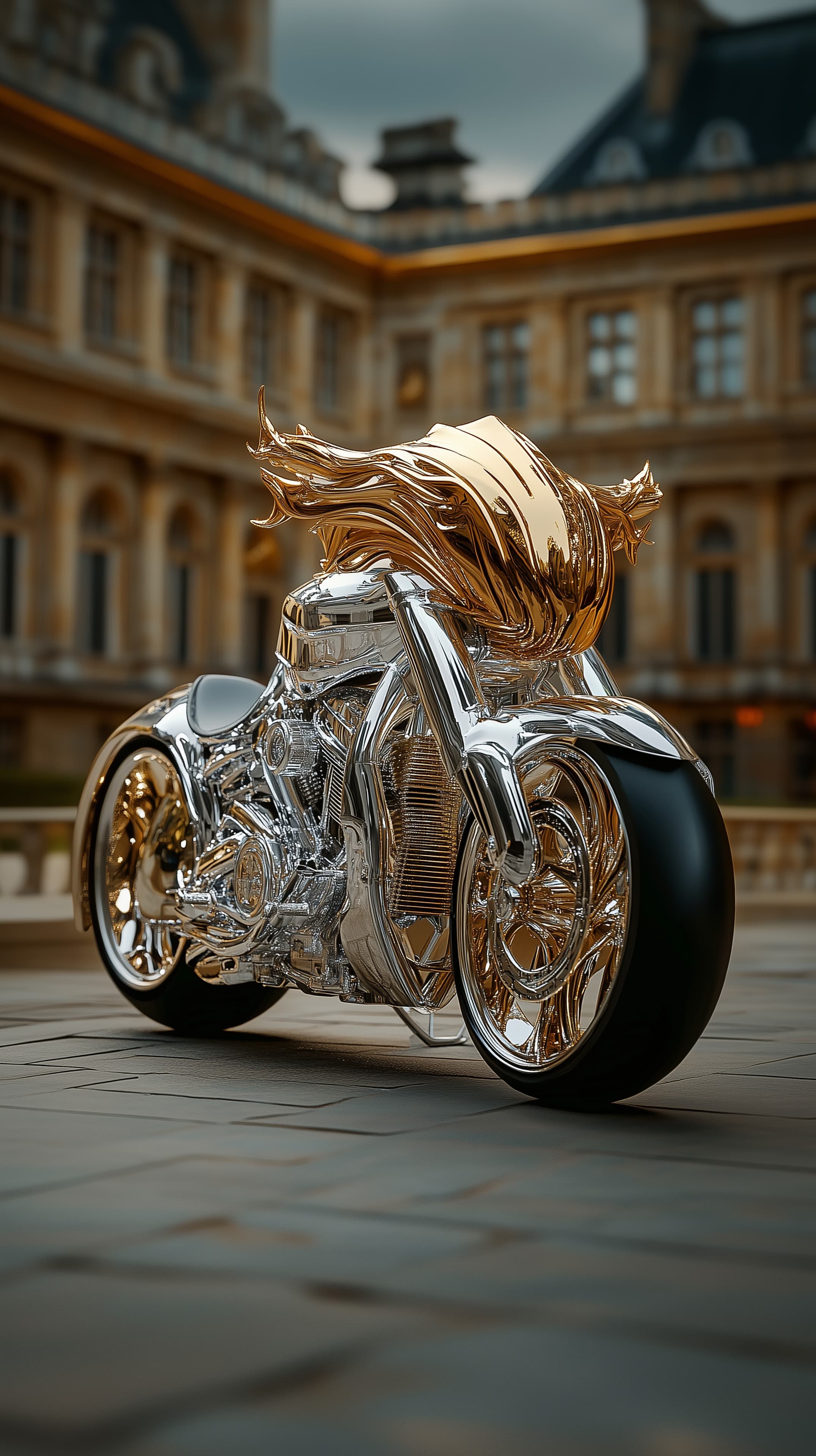 Chrome motorcycle with flowing golden mane in plaza - High Resolution 3d-art Wallpaper for Mobile and Desktop
