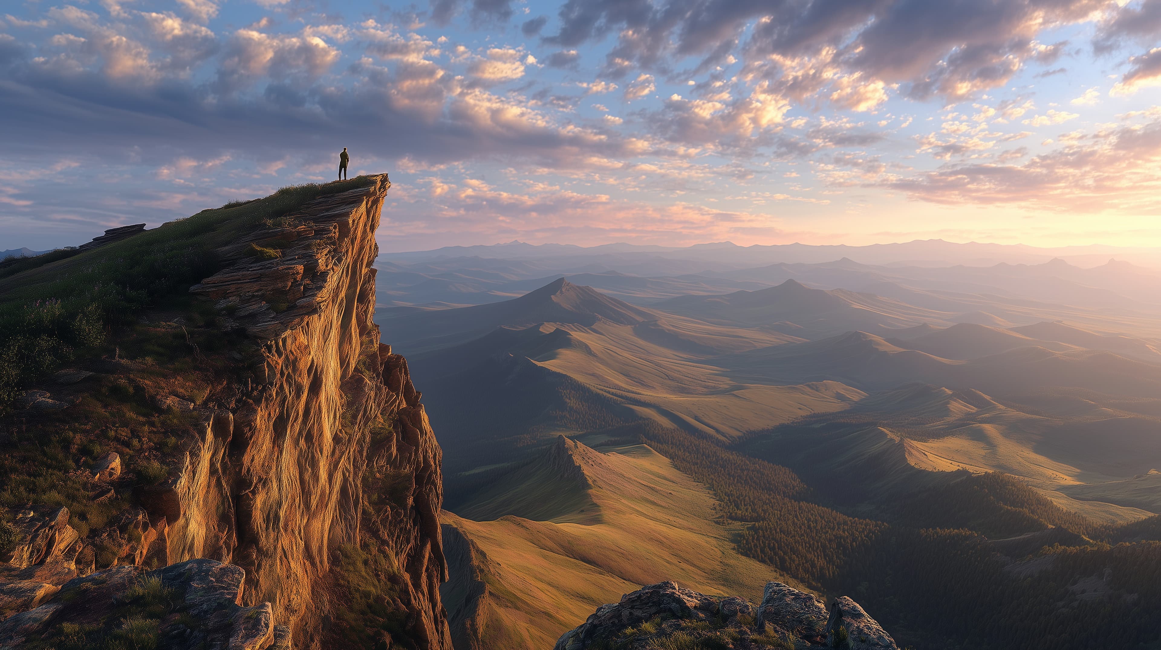 Stunning Sunset Cliff Edge Over Vast Mountain Valley Wallpaper - High Resolution cliff Wallpaper for Mobile and Desktop