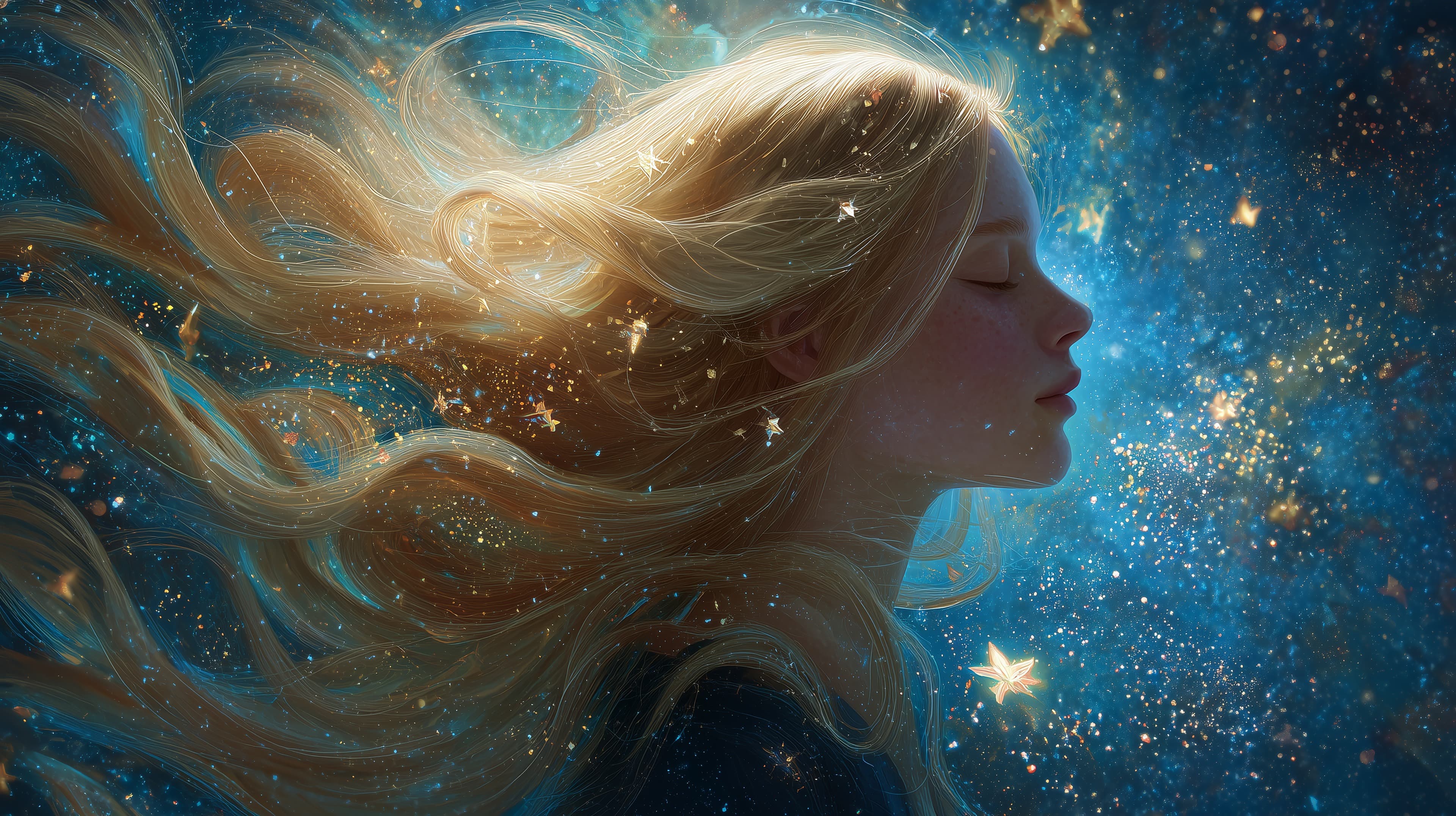 Dreamy Cosmic Portrait: Flowing Hair in Starry Night - High Resolution blue-nebula Wallpaper for Mobile and Desktop