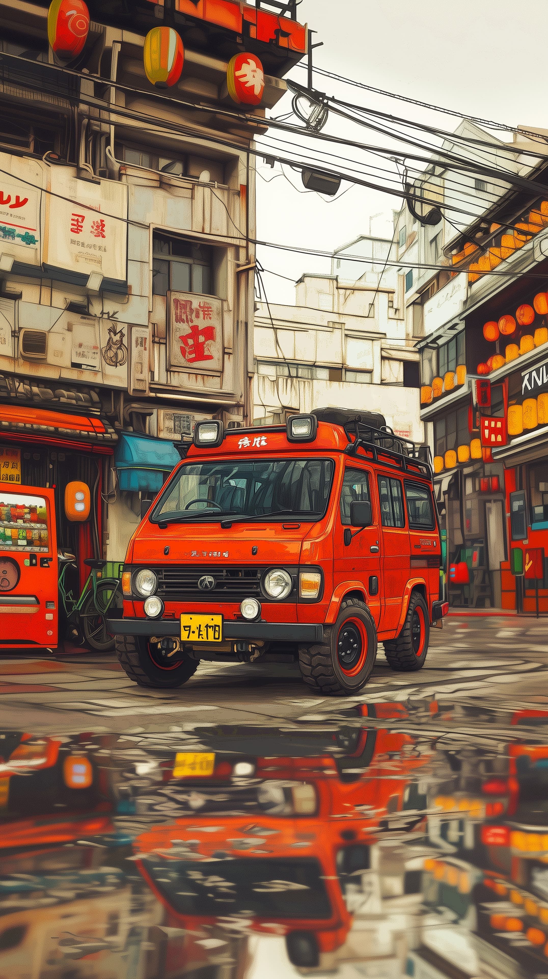 Vivid Red Van in Neon Asian Street - Urban Retro Wallpaper - High Resolution cinematic-wallpaper Wallpaper for Mobile and Desktop