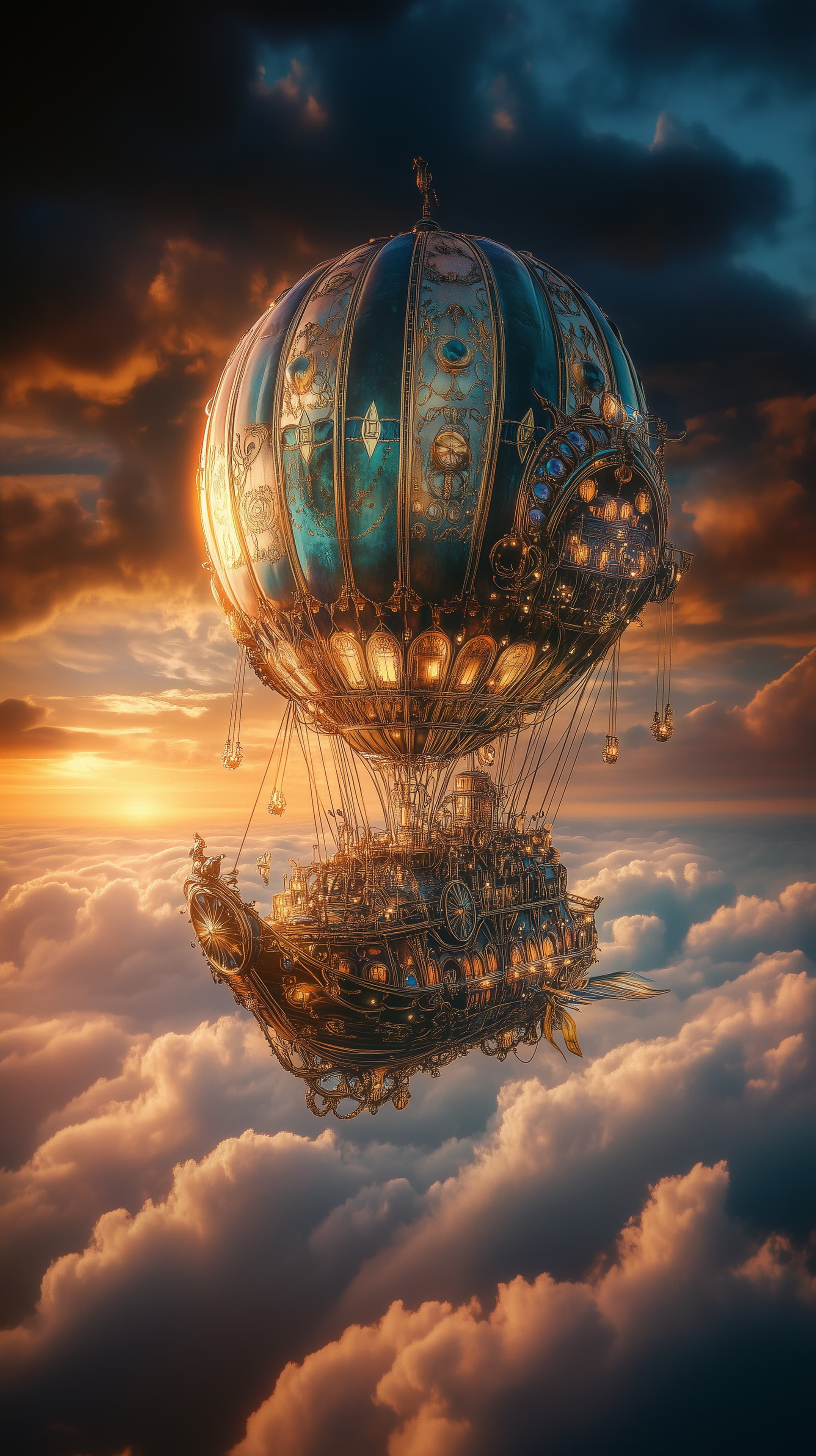 Steampunk Airship in Sunset Glow with Ornate Balloon - High Resolution airship Wallpaper for Mobile and Desktop