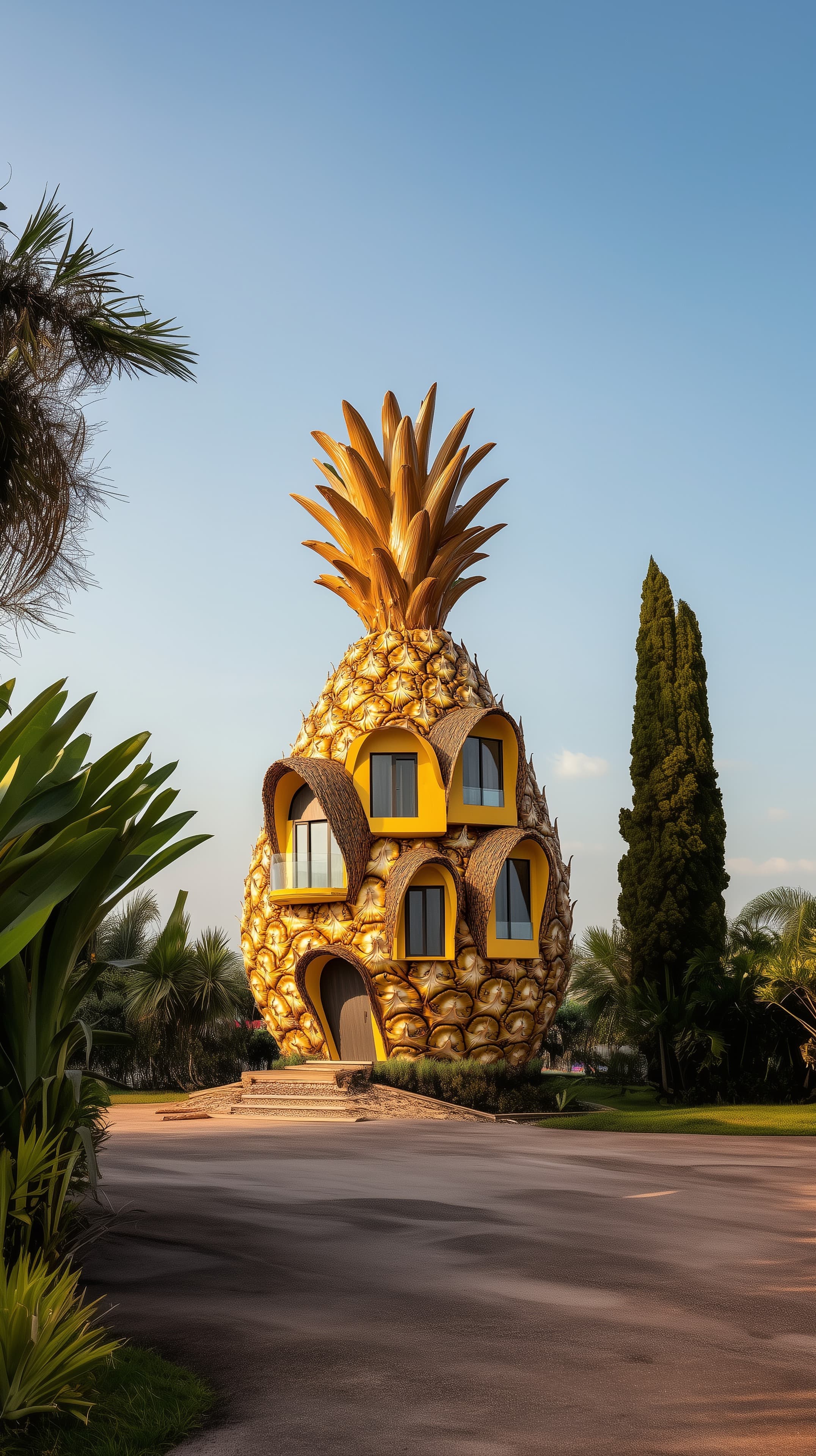 Whimsical Pineapple-Inspired House in Sunny Landscape - High Resolution bright-yellow-arches Wallpaper for Mobile and Desktop
