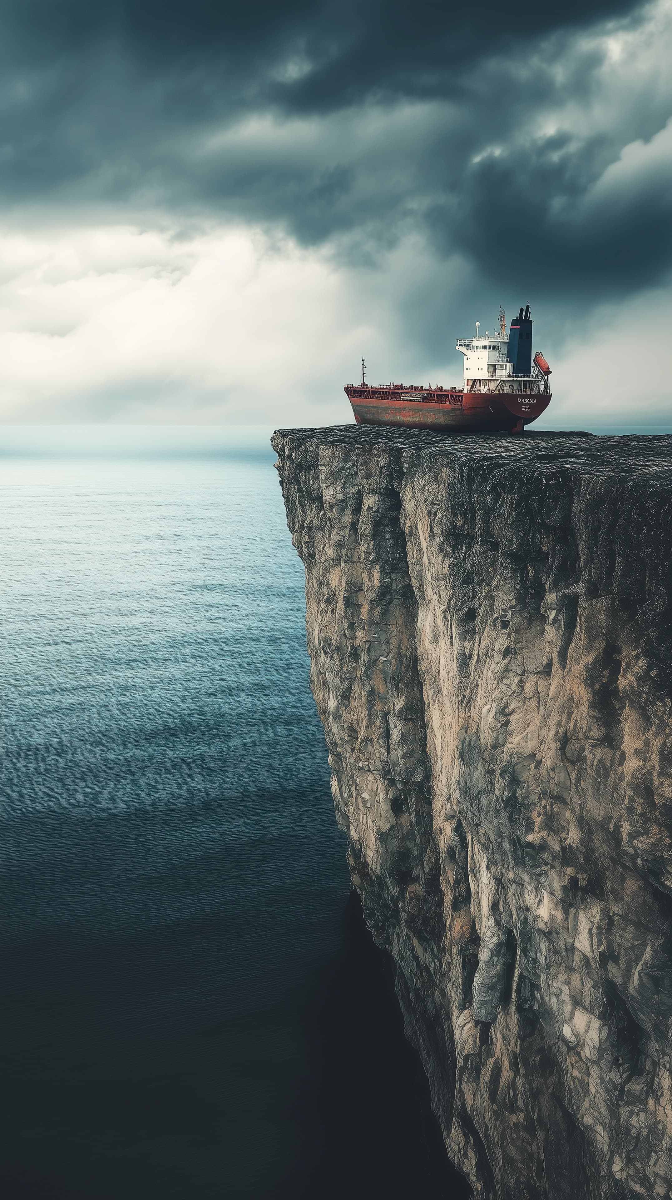 Stormy Sea Cliff: Cargo Ship on a Cliff Edge Wallpaper - High Resolution cinematic Wallpaper for Mobile and Desktop
