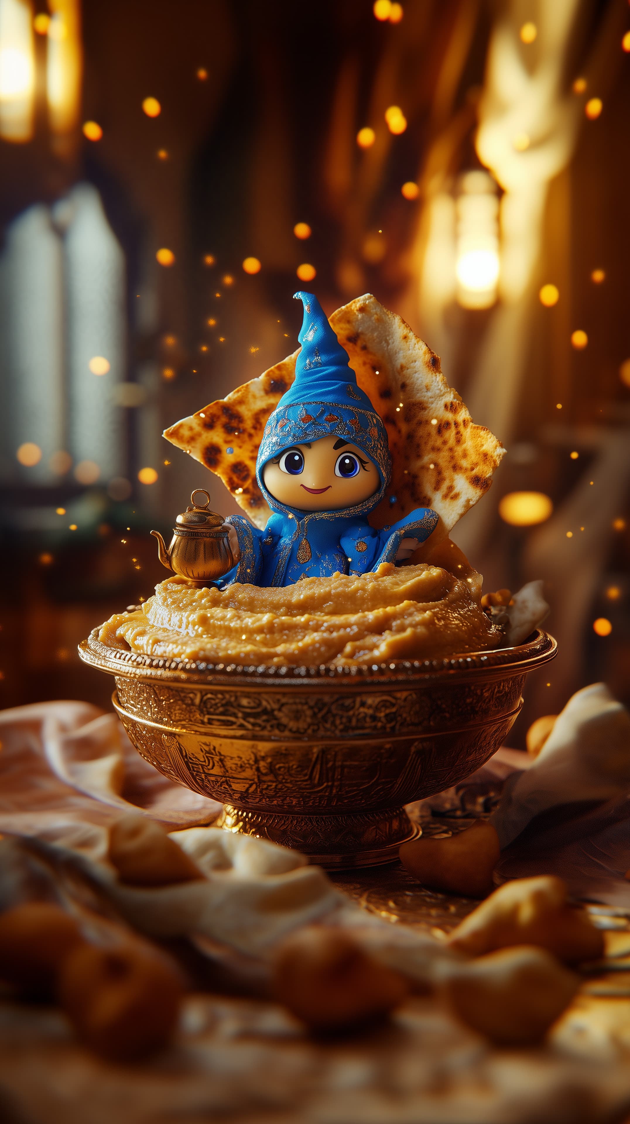 Whimsical Blue Hooded Fantasy Figure in Golden Bowl Feast - High Resolution blue-hooded-character Wallpaper for Mobile and Desktop