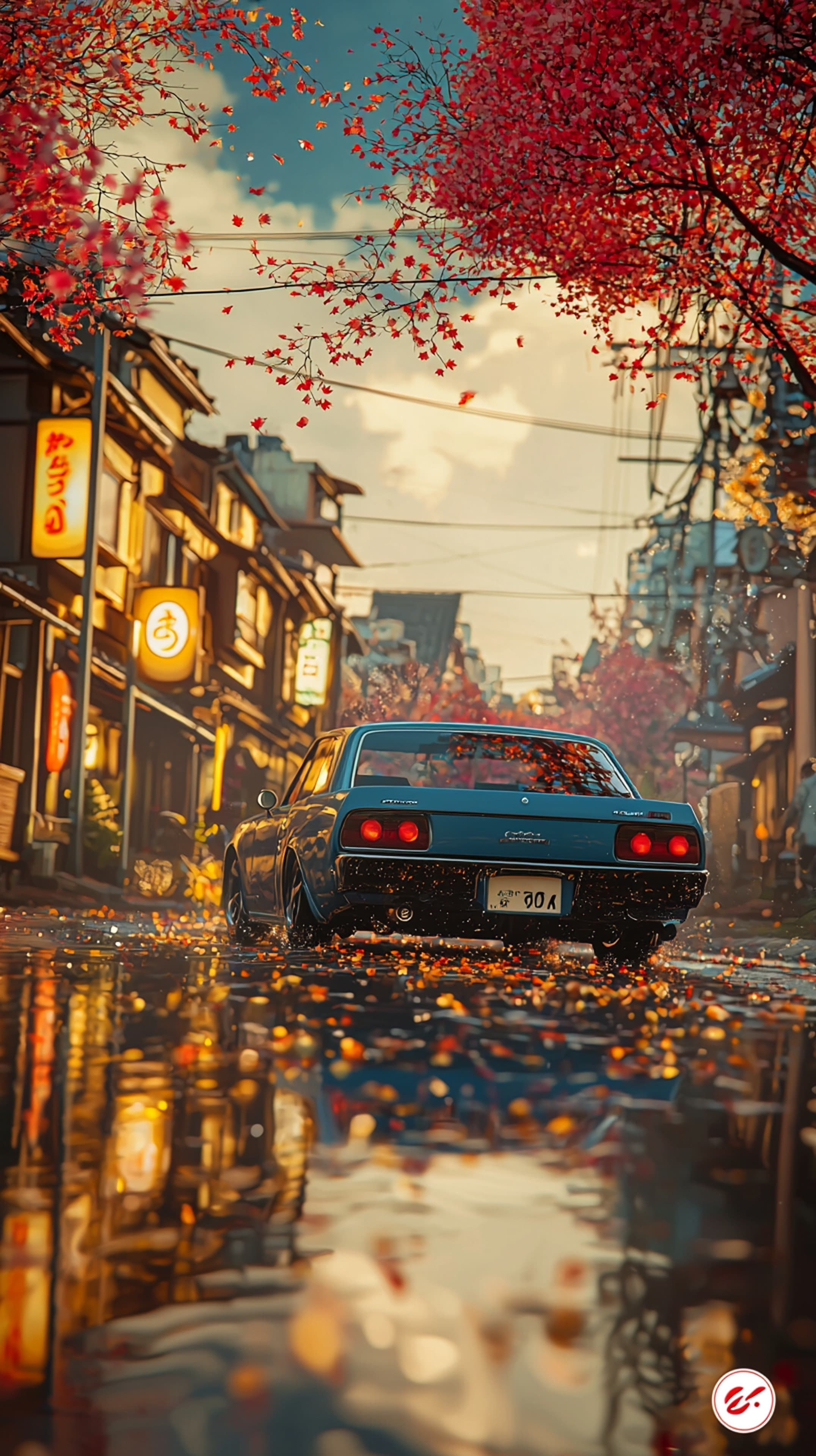 Vintage Blue Classic Car on a Neon Autumn Street at Dusk - High Resolution vintage-car Wallpaper for Mobile and Desktop