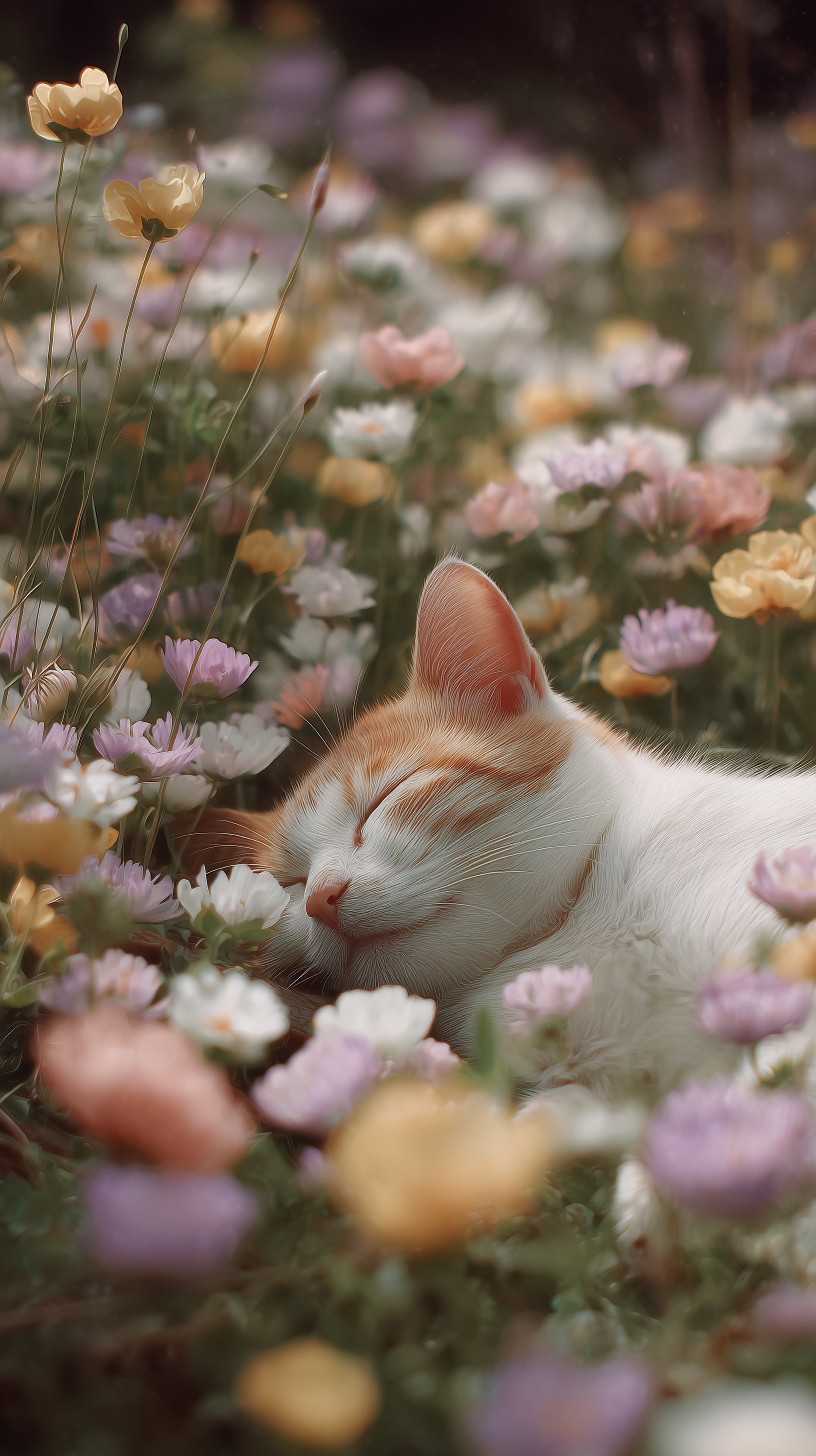 Pastel Garden Scene: Sleeping Cat among Colorful Blooms - High Resolution cat Wallpaper for Mobile and Desktop