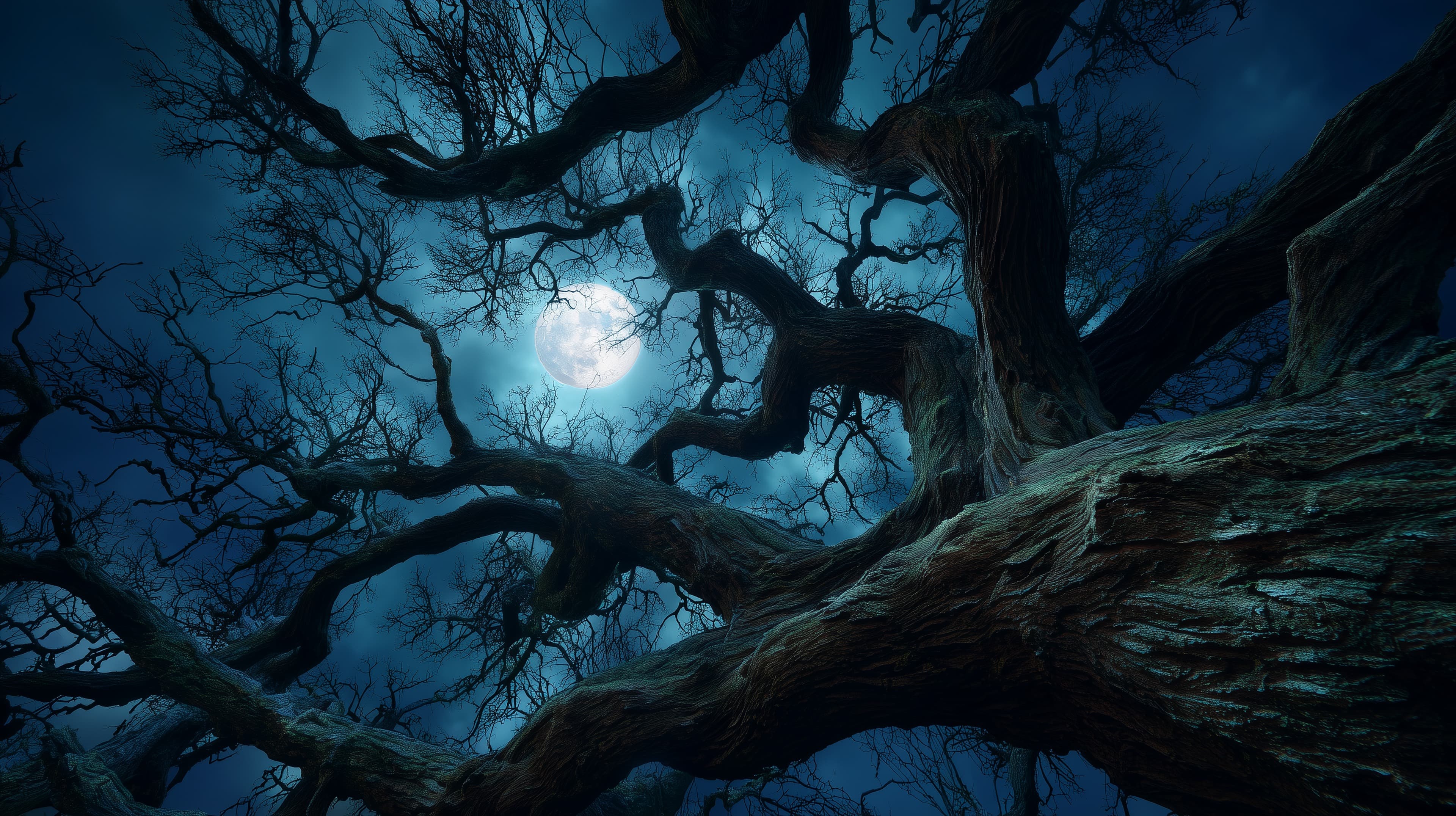 Moonlit Ancient Tree in Night Sky - Dark Blue Wallpaper - High Resolution atmospheric Wallpaper for Mobile and Desktop