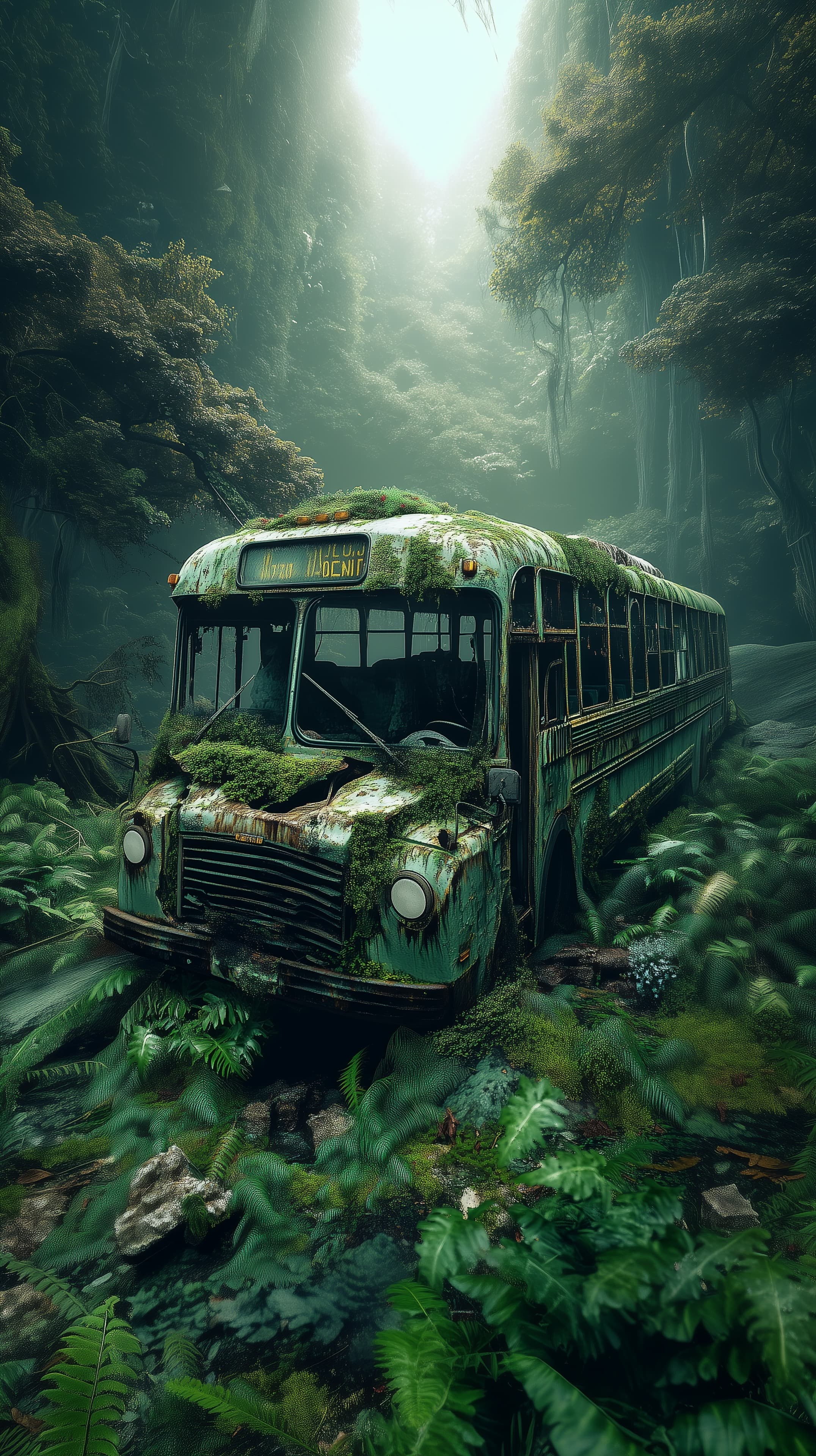 Moss-Covered Abandoned Bus in a Misty Jungle Scene - High Resolution abandoned Wallpaper for Mobile and Desktop