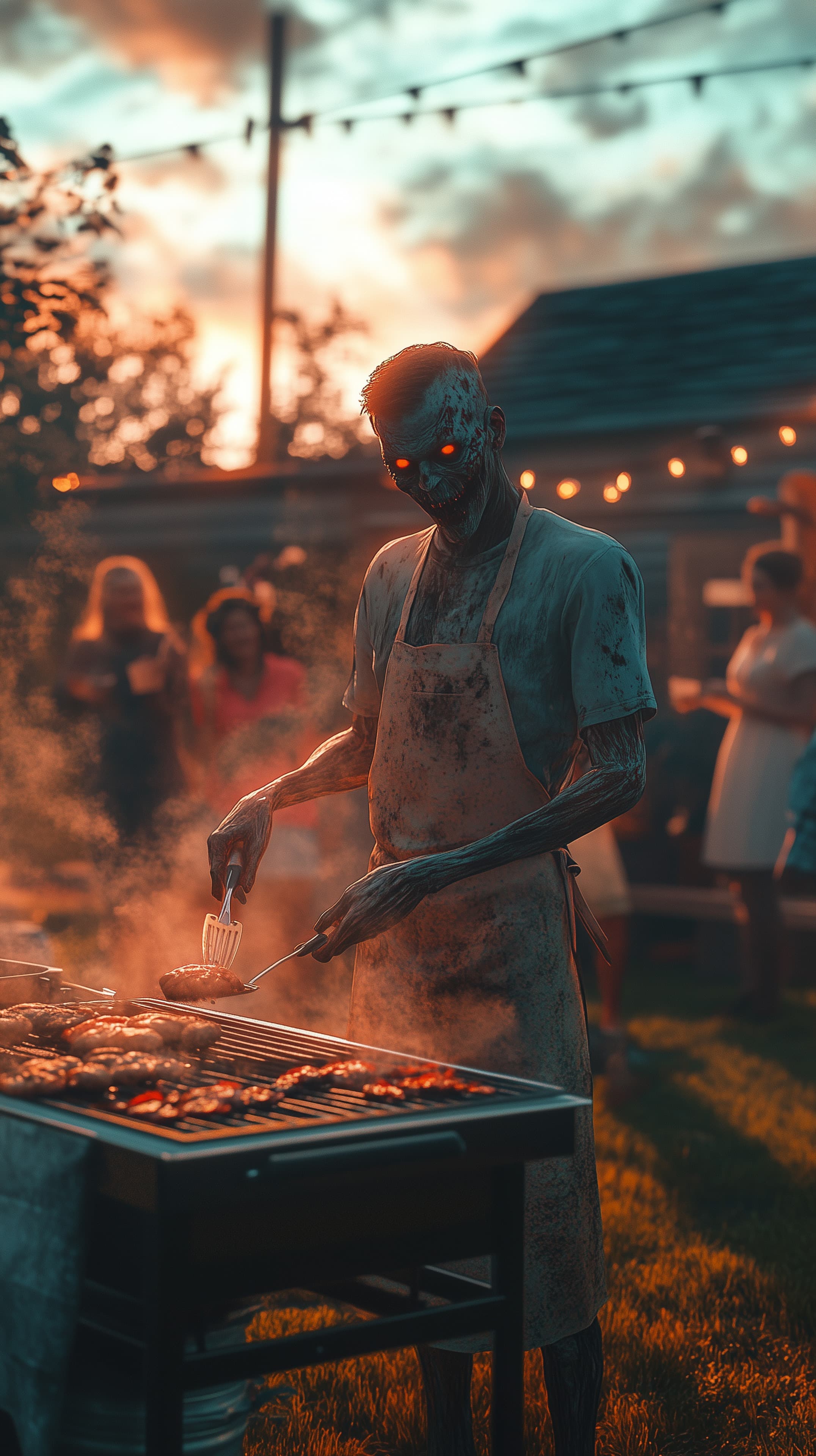 Zombie Griller at Sunset: Eerie Outdoor BBQ Scene for Night Owls - High Resolution barbecue Wallpaper for Mobile and Desktop