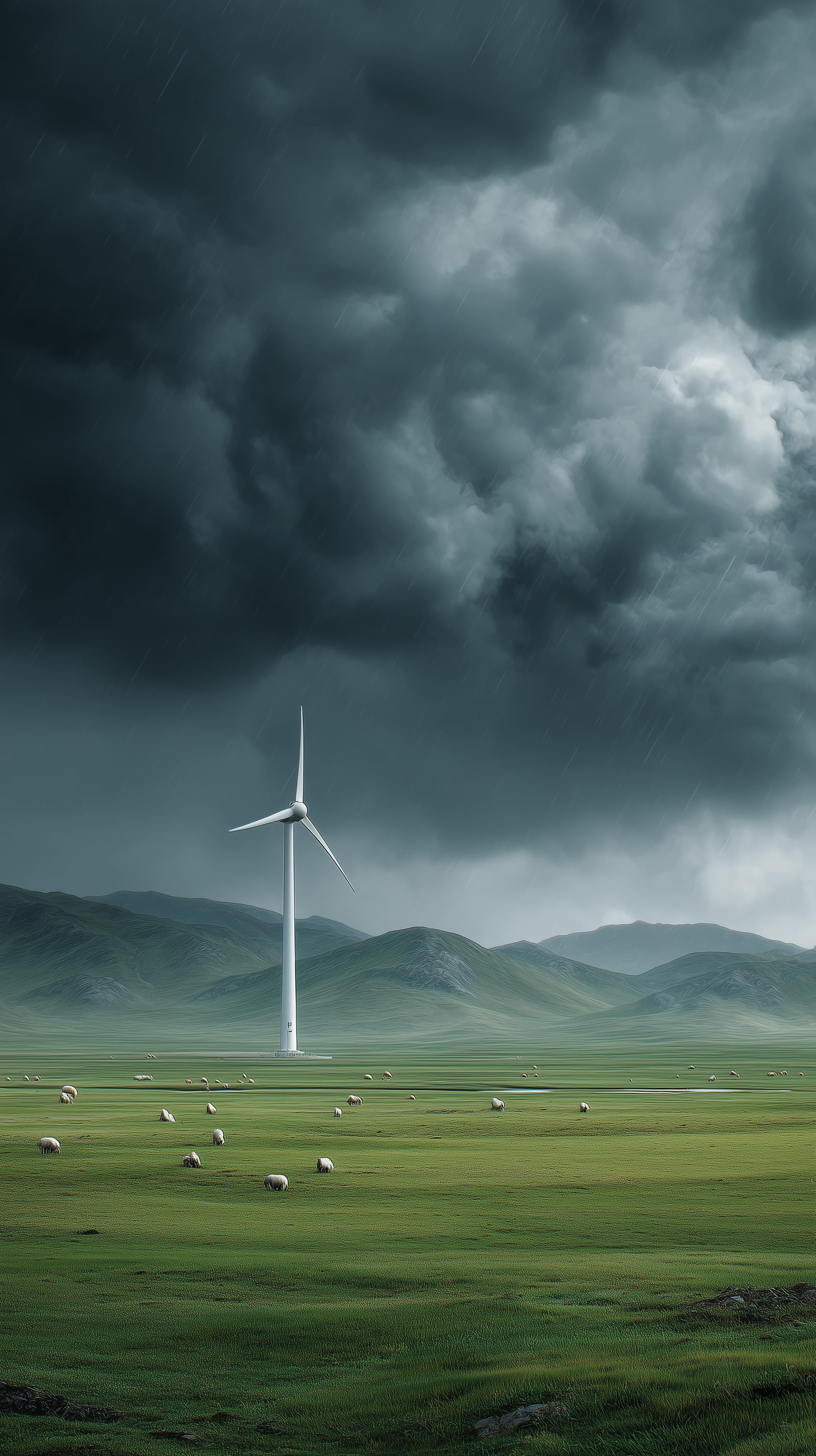 Stormy skies over rolling hills with a lone wind turbine - High Resolution dramatic-weather Wallpaper for Mobile and Desktop