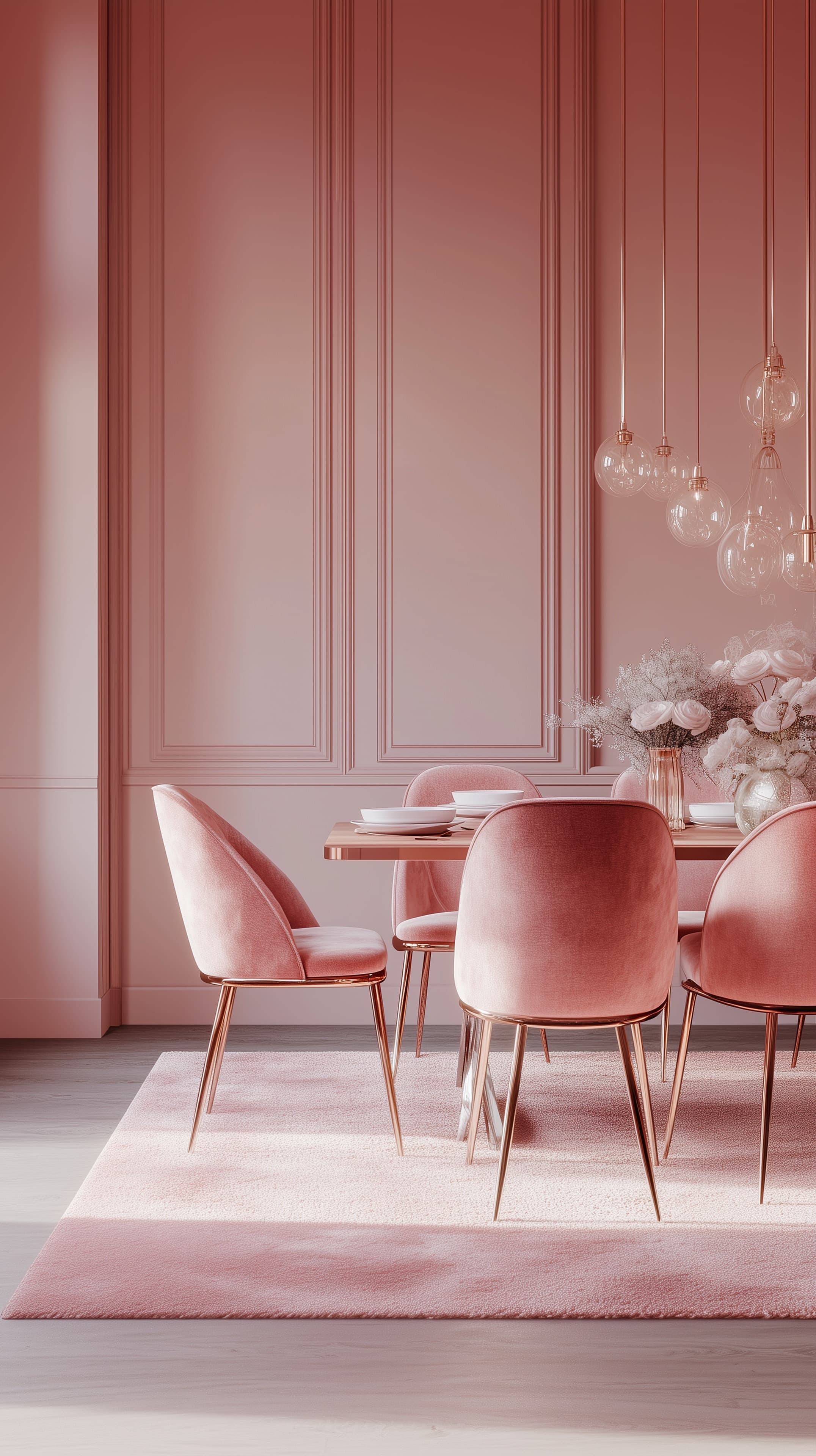Soft Pink Dining Room Wallpaper with Velvet Chairs and Glass Orbs - High Resolution dining-room Wallpaper for Mobile and Desktop