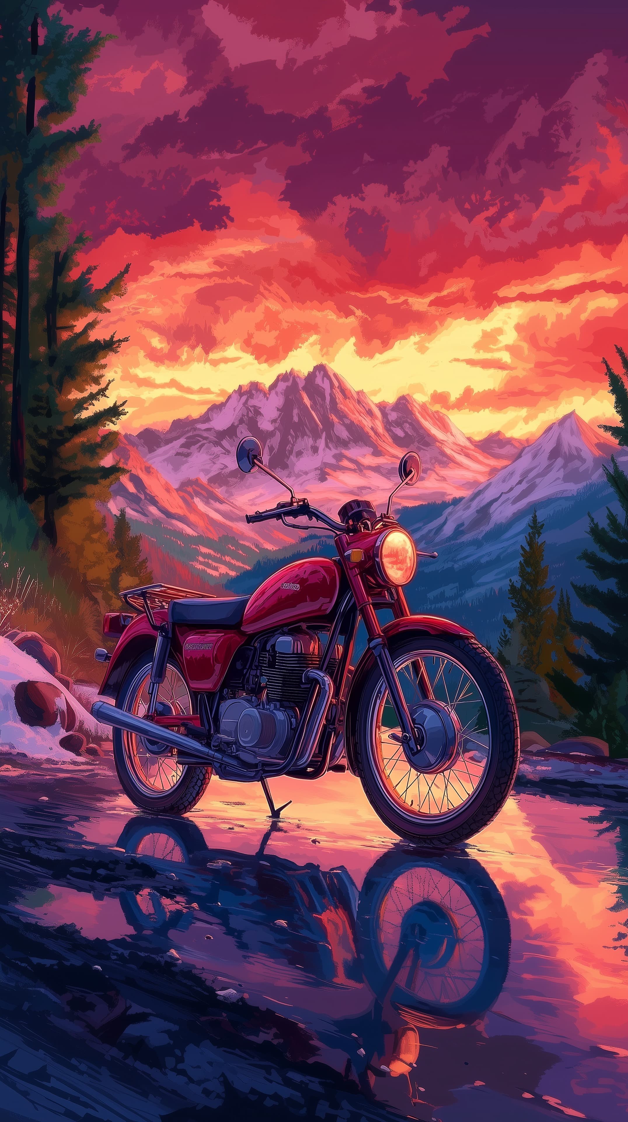 Vibrant Sunset Mountain Moto Scene with a Vintage Bike by Water - High Resolution vintage-motorcycle Wallpaper for Mobile and Desktop