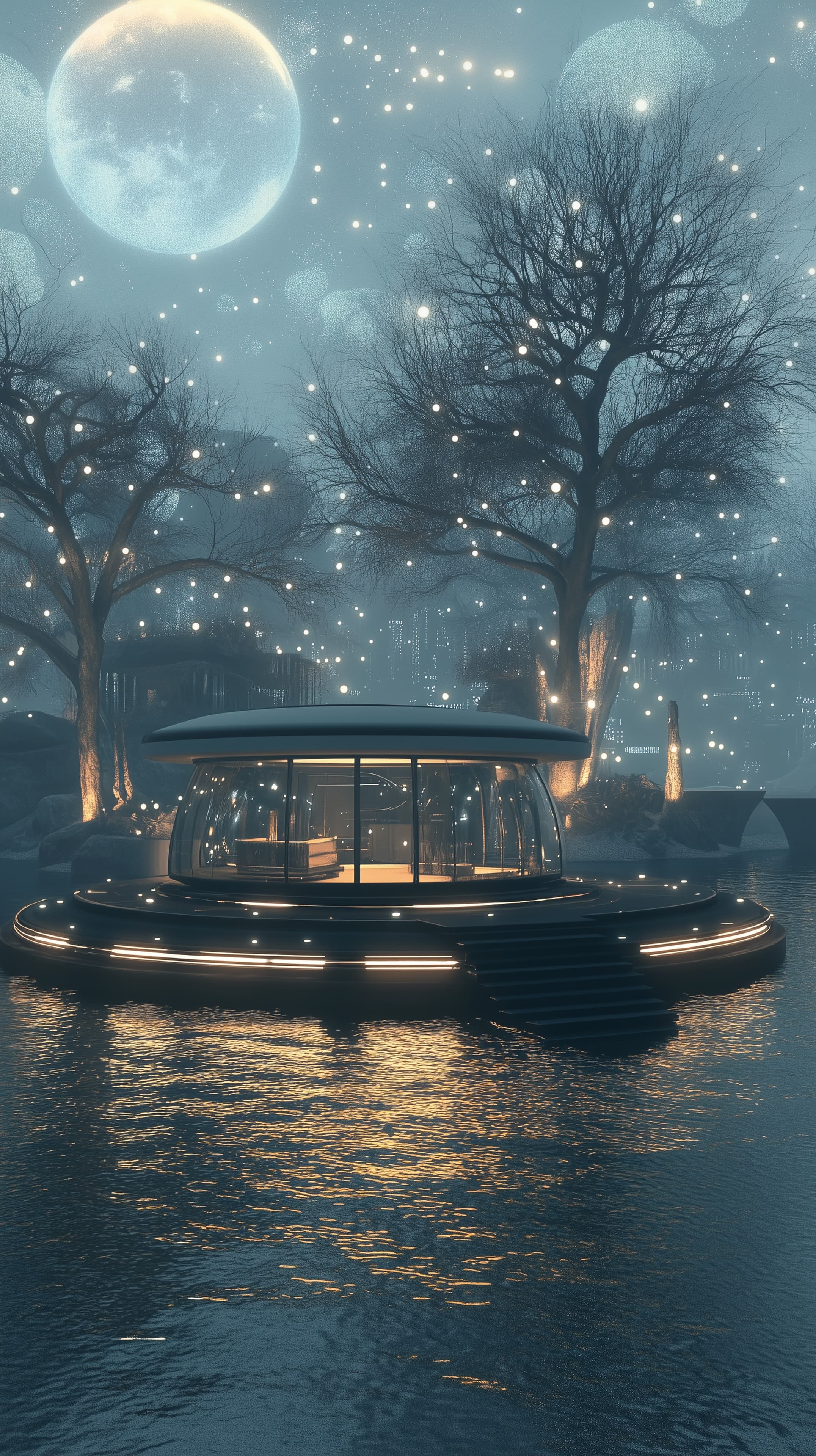 Moonlit Floating Pavilion in Neon Night Landscape - Dreamy - High Resolution ambient Wallpaper for Mobile and Desktop