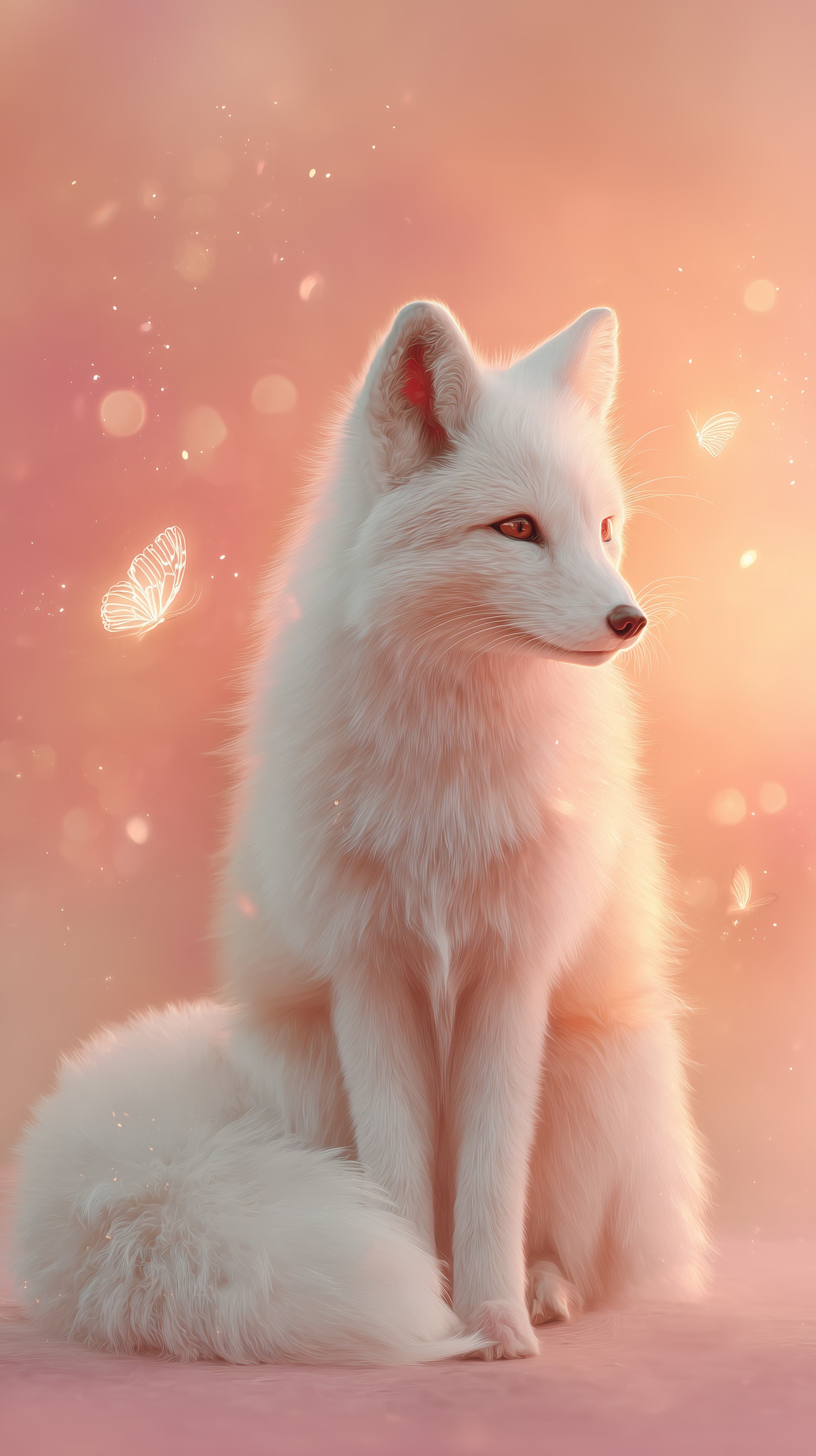 White Fox in Soft Pink Glow - Fantasy Animal Wallpaper - High Resolution bokeh Wallpaper for Mobile and Desktop