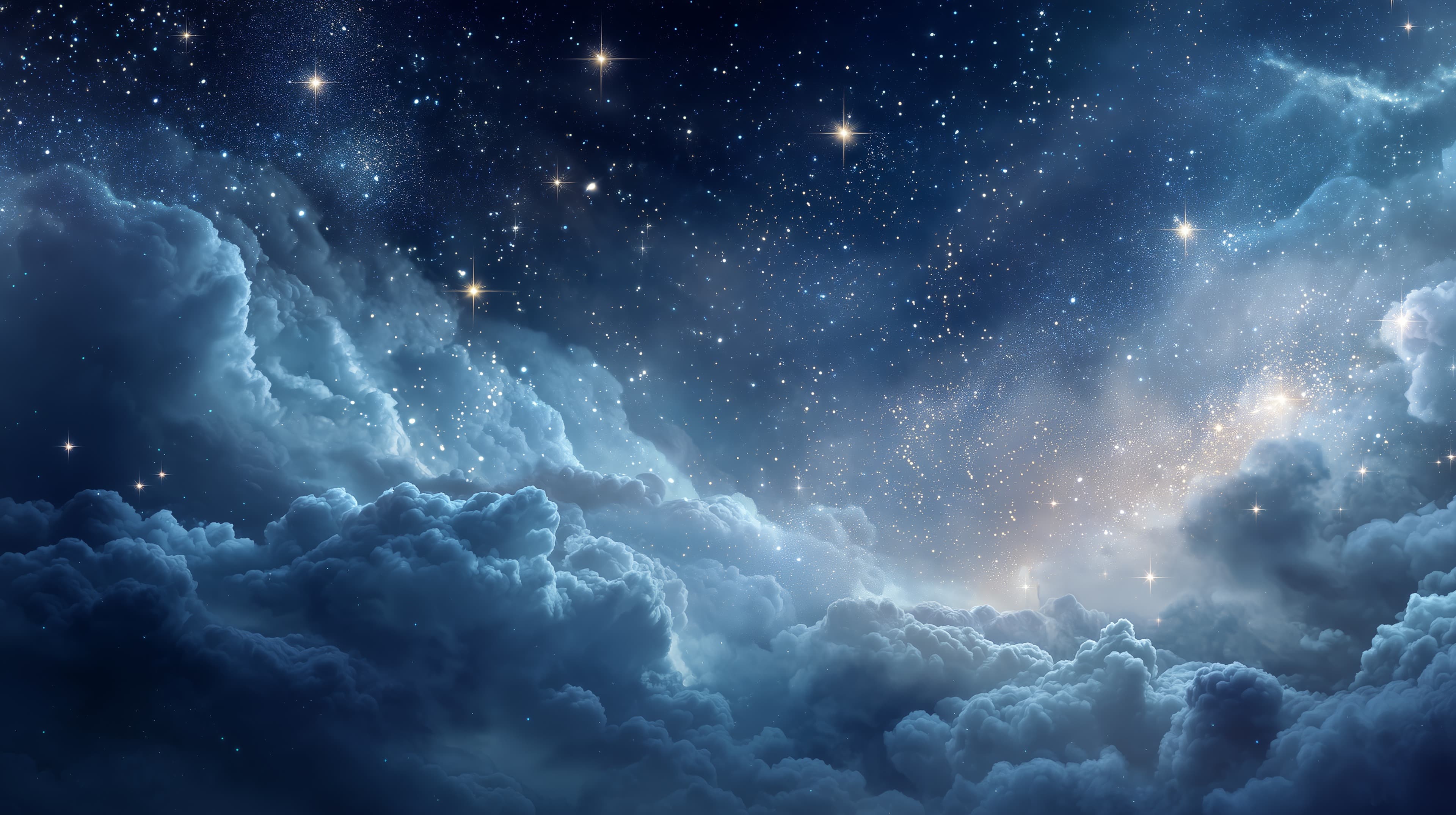 Dreamy Starry Night Sky with Clouds and Cosmic Glow - High Resolution blue-tones Wallpaper for Mobile and Desktop