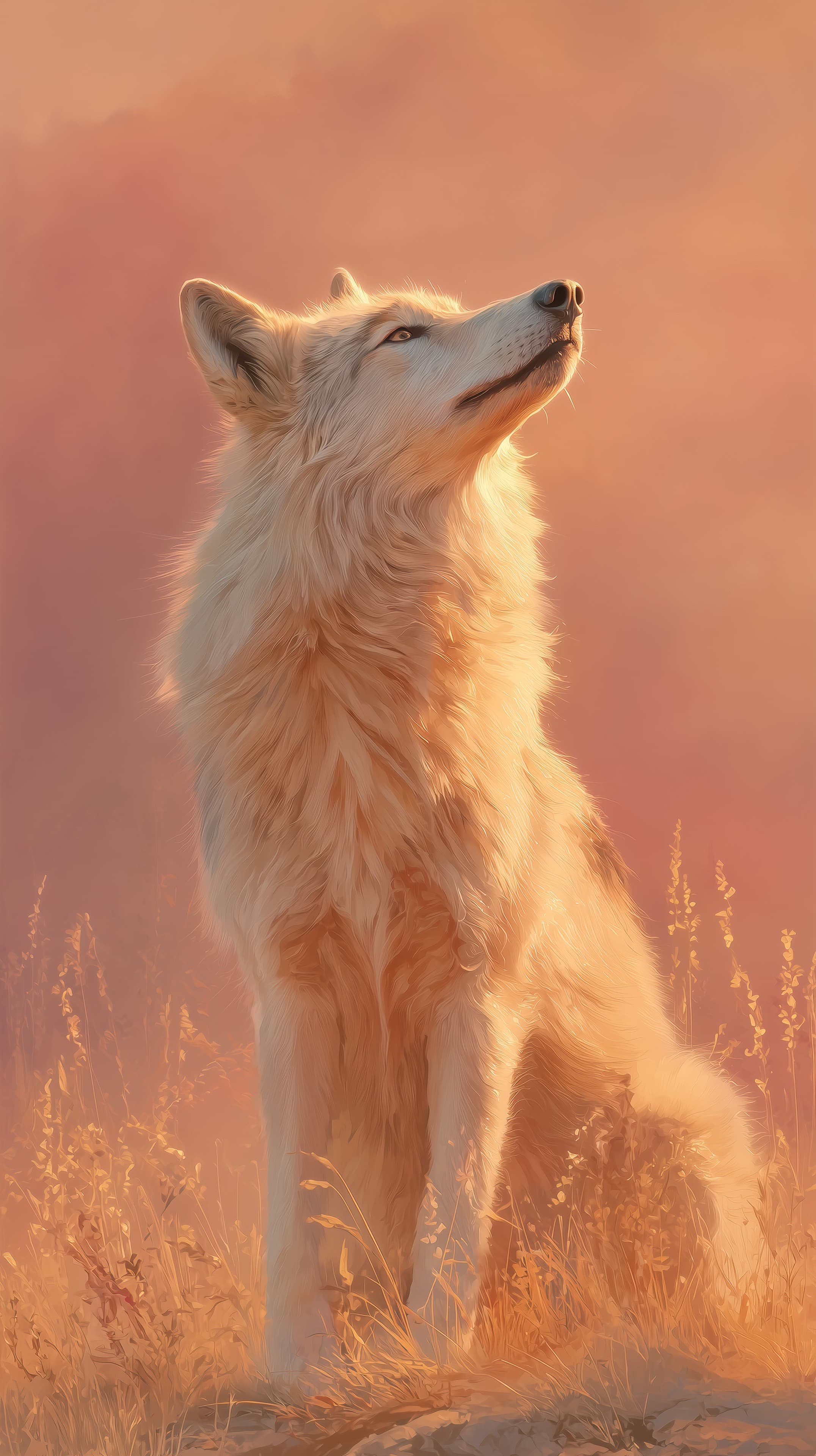 Golden Hour Wolf Portrait in a Warm Sunset Glow Field - High Resolution animal-portrait Wallpaper for Mobile and Desktop