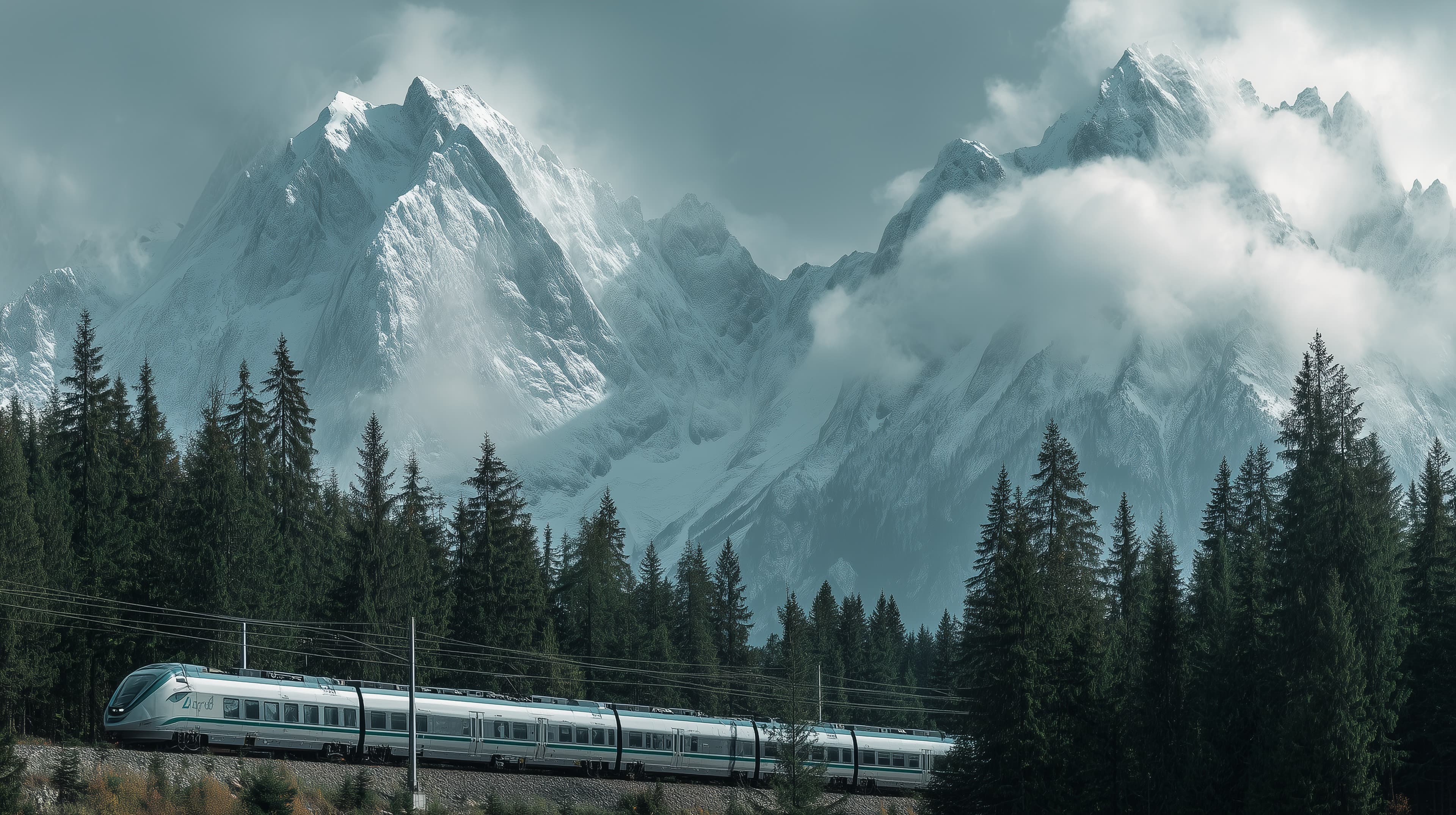 Alpine Train Through Misty Pines Beneath Snowy Mountain Peaks - High Resolution alpine Wallpaper for Mobile and Desktop