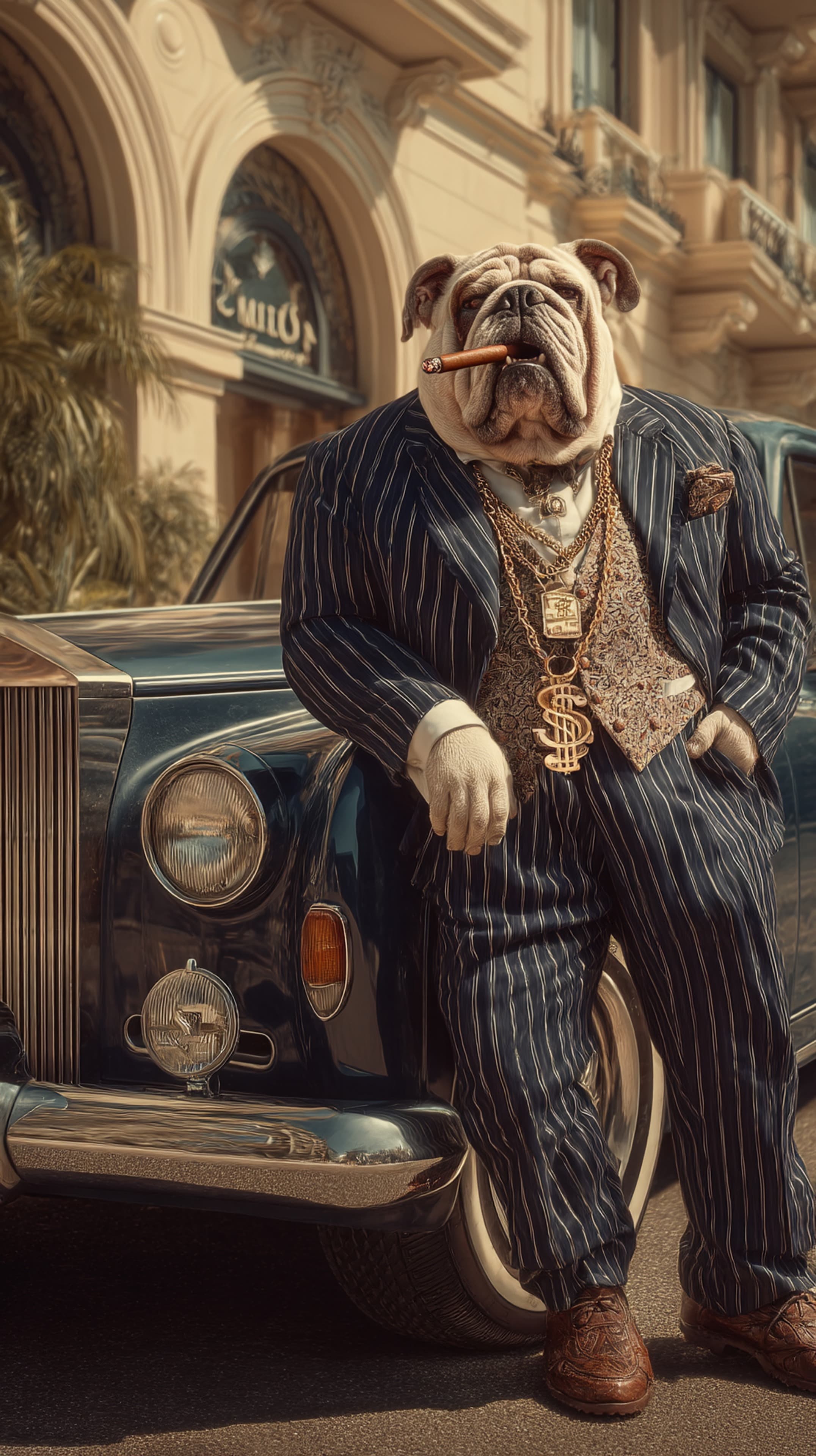 Stylish Bulldog in Pinstripe Suit with Cigar by Vintage Car - High Resolution bulldog Wallpaper for Mobile and Desktop