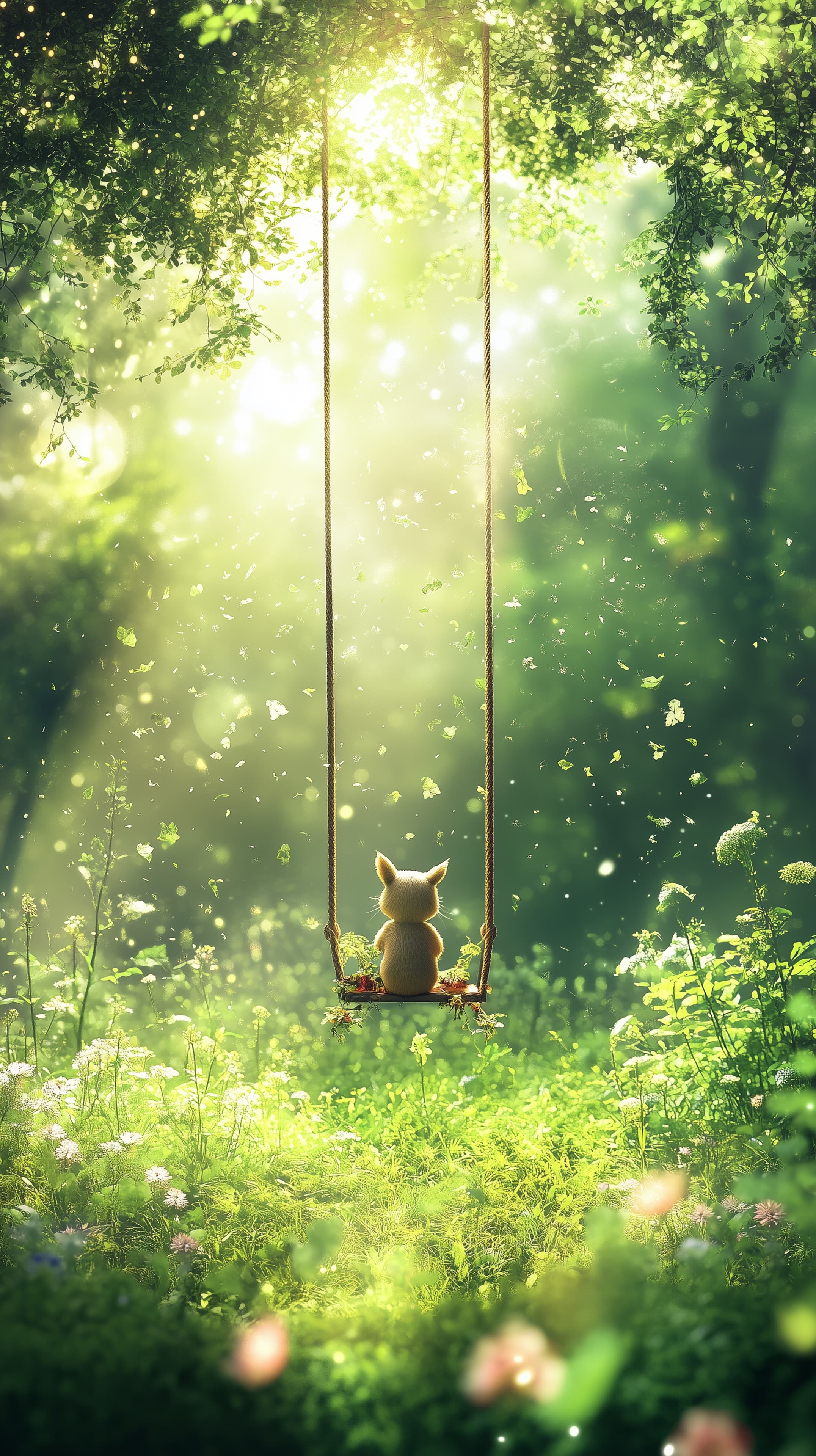 Whimsical Forest Swing: Cute Animal in Sunlit Greenery - High Resolution bokeh-effect Wallpaper for Mobile and Desktop
