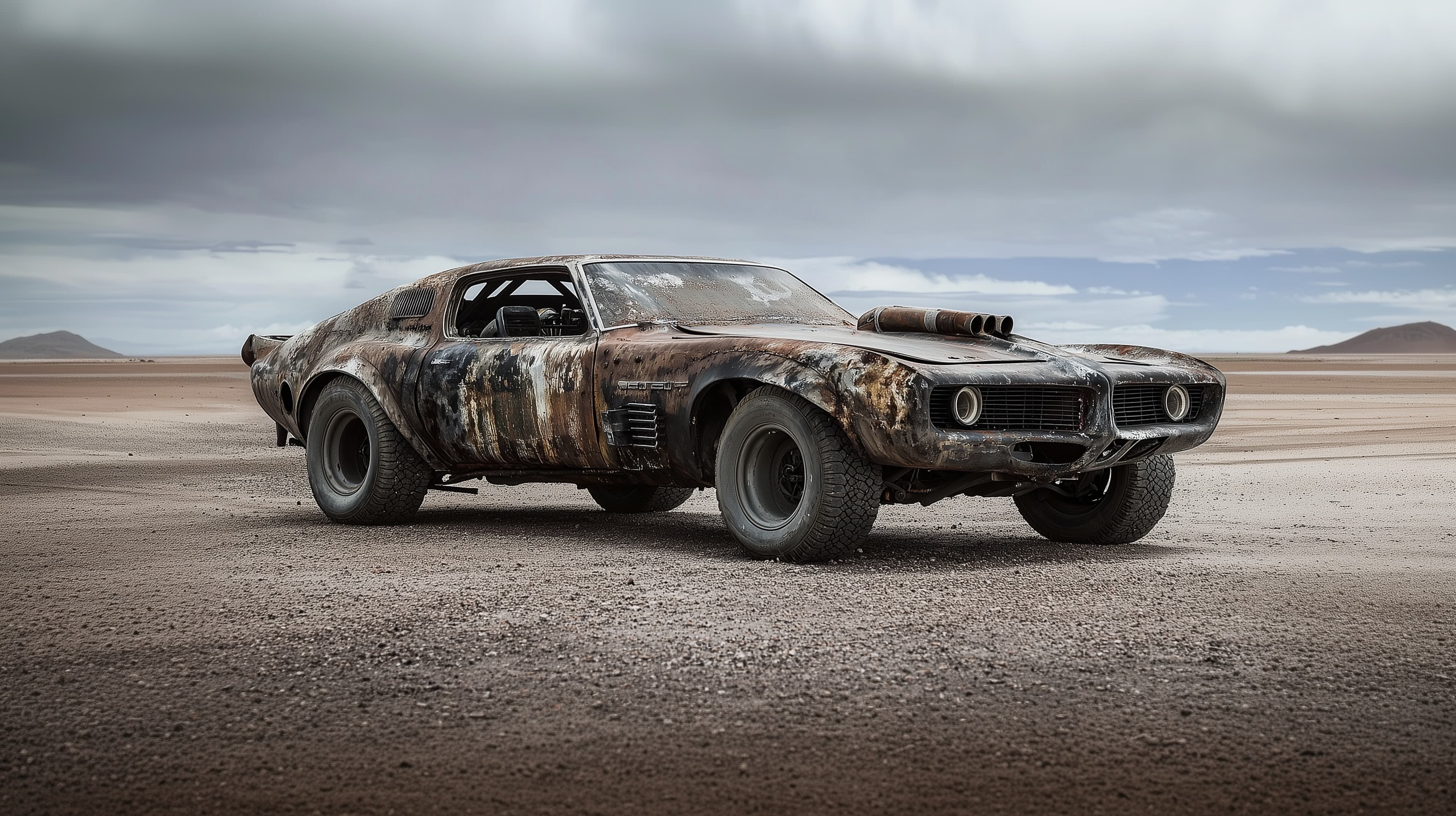 Desert Rust: Weathered Muscle Car in a Vast Dune Landscape - High Resolution car Wallpaper for Mobile and Desktop