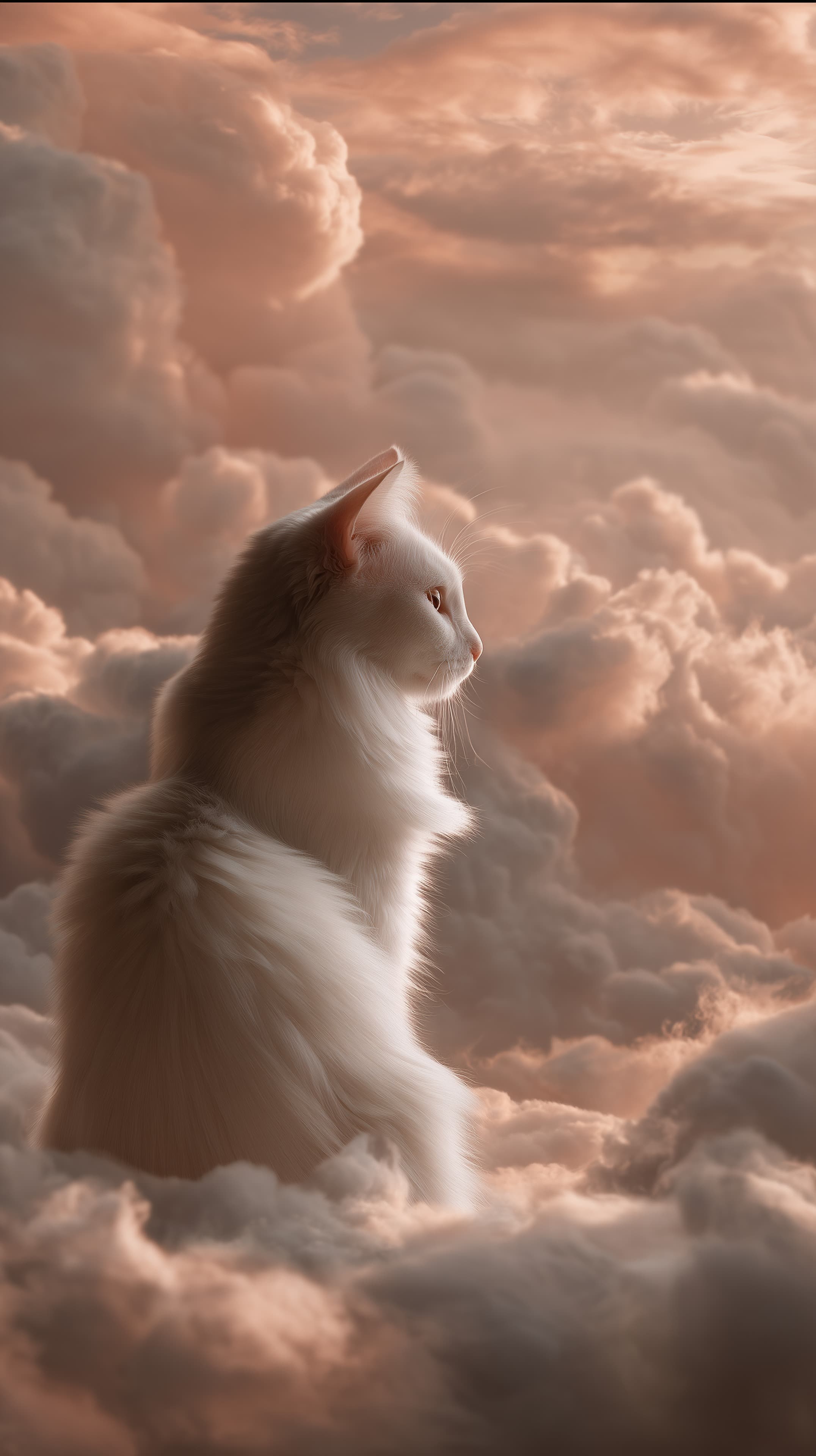 Dreamy Cloudscape Wallpaper: White Cat Among Sunset Clouds - High Resolution artwork Wallpaper for Mobile and Desktop
