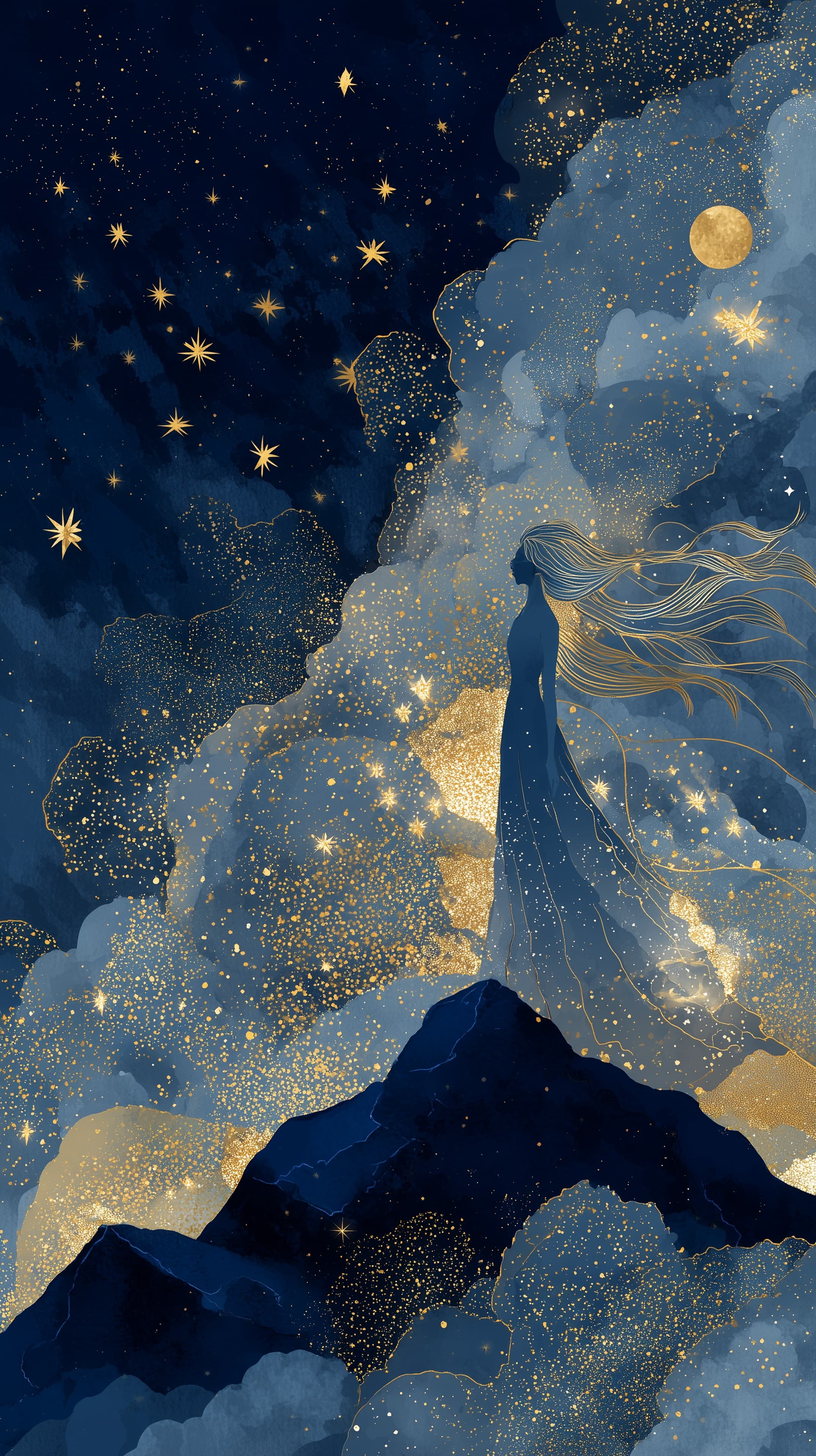 Dreamy Starry Nightscape: Golden Dust and Silhouette on Peak - High Resolution blue-tones Wallpaper for Mobile and Desktop