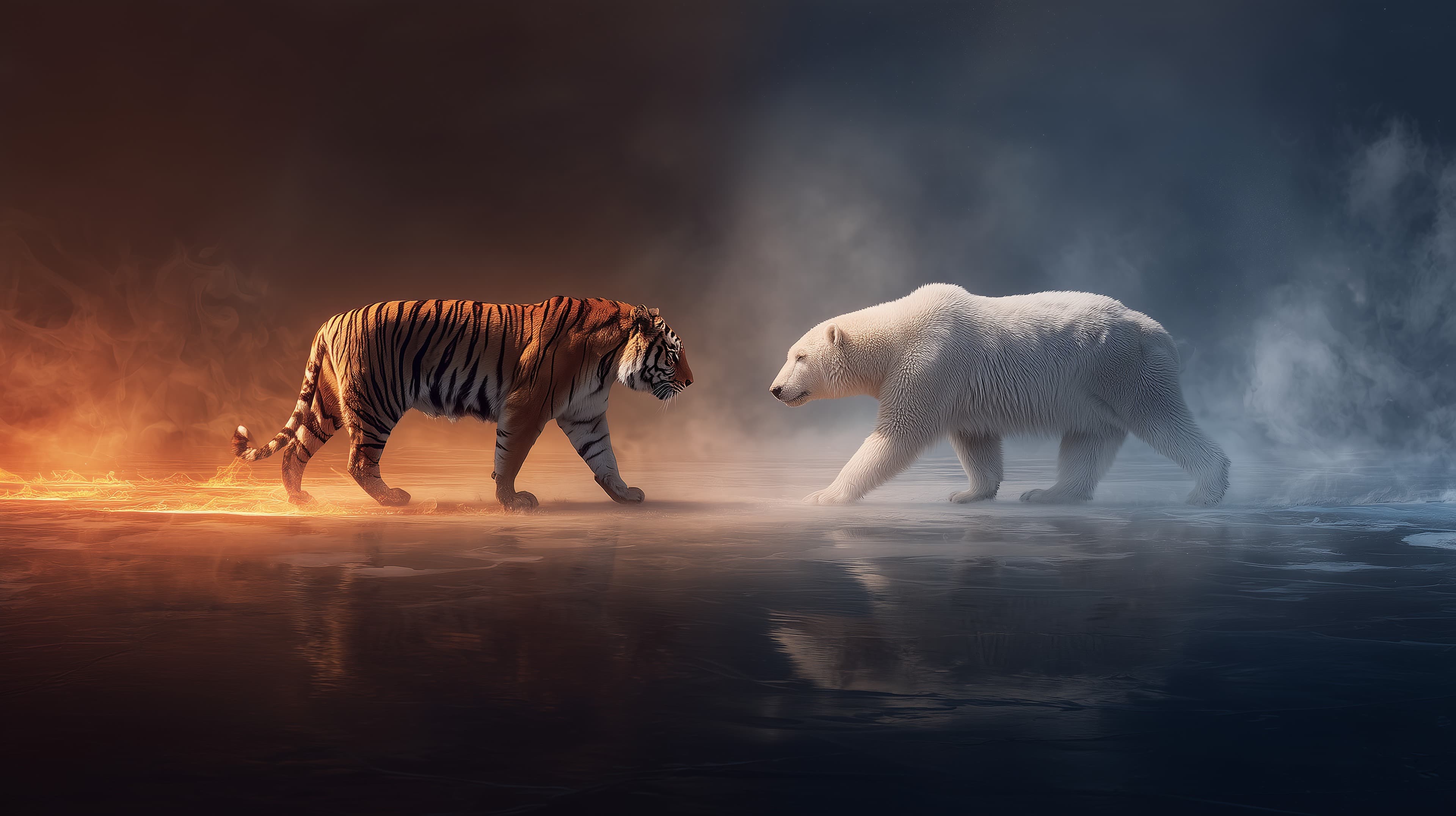 Epic Showdown: Tiger and Polar Bear on Ice – Dramatic Wallpaper - High Resolution tiger Wallpaper for Mobile and Desktop