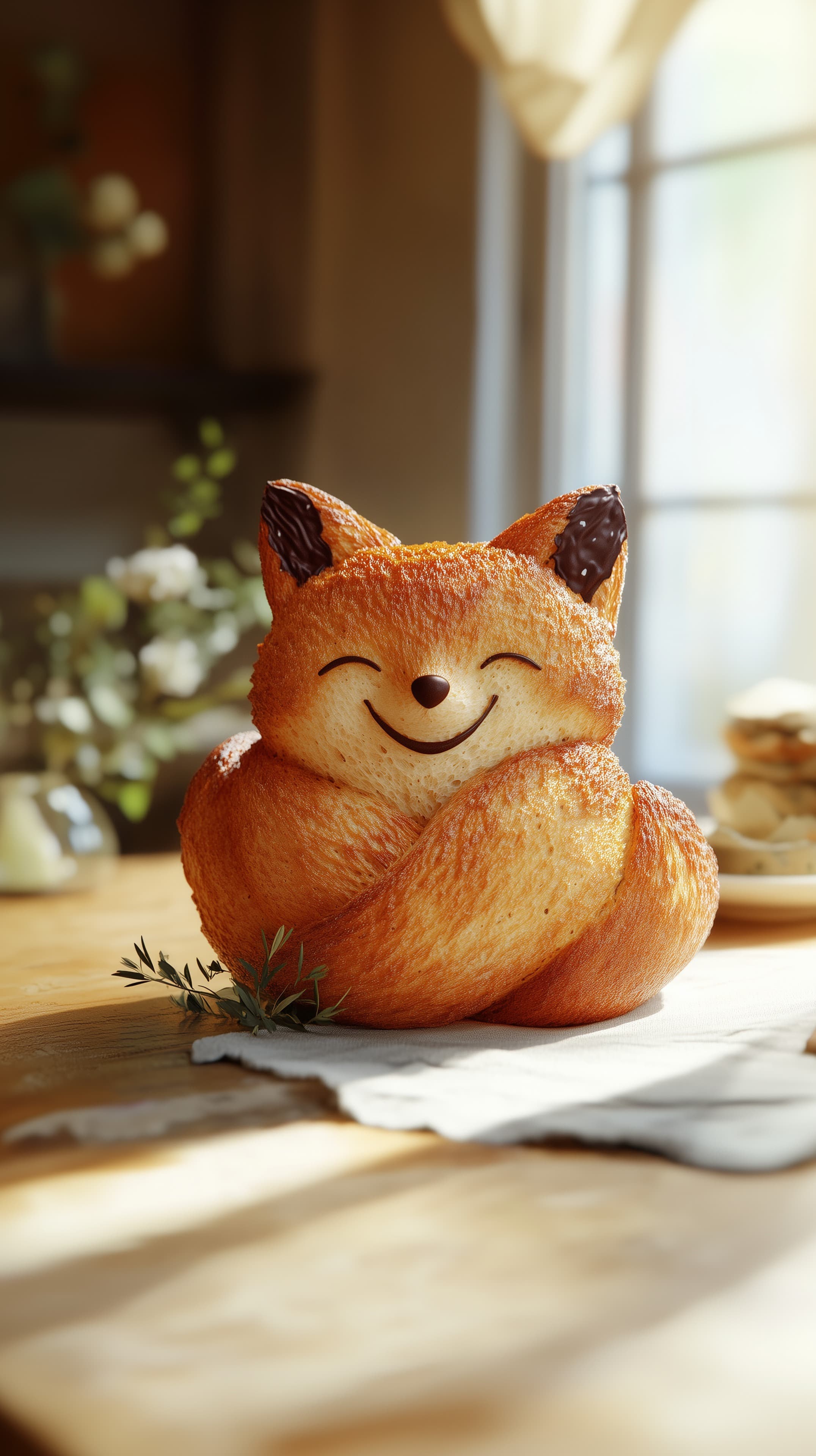 Cute Fox-Shaped Bread Sculpture in Warm Rustic Kitchen - High Resolution bread-art Wallpaper for Mobile and Desktop