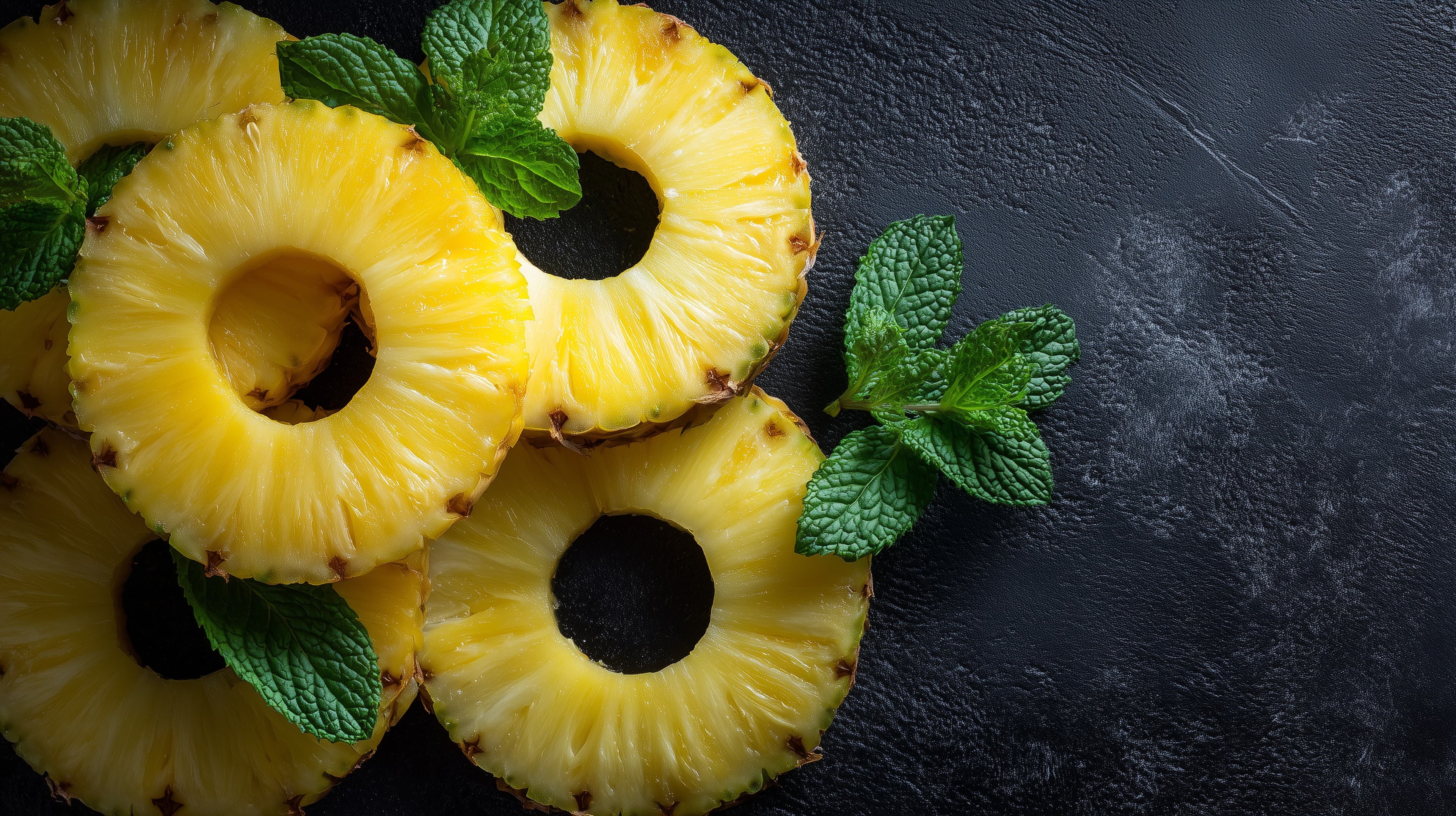 Tropical Pineapple Rings with Mint on Dark Slate Background - High Resolution pineapple Wallpaper for Mobile and Desktop
