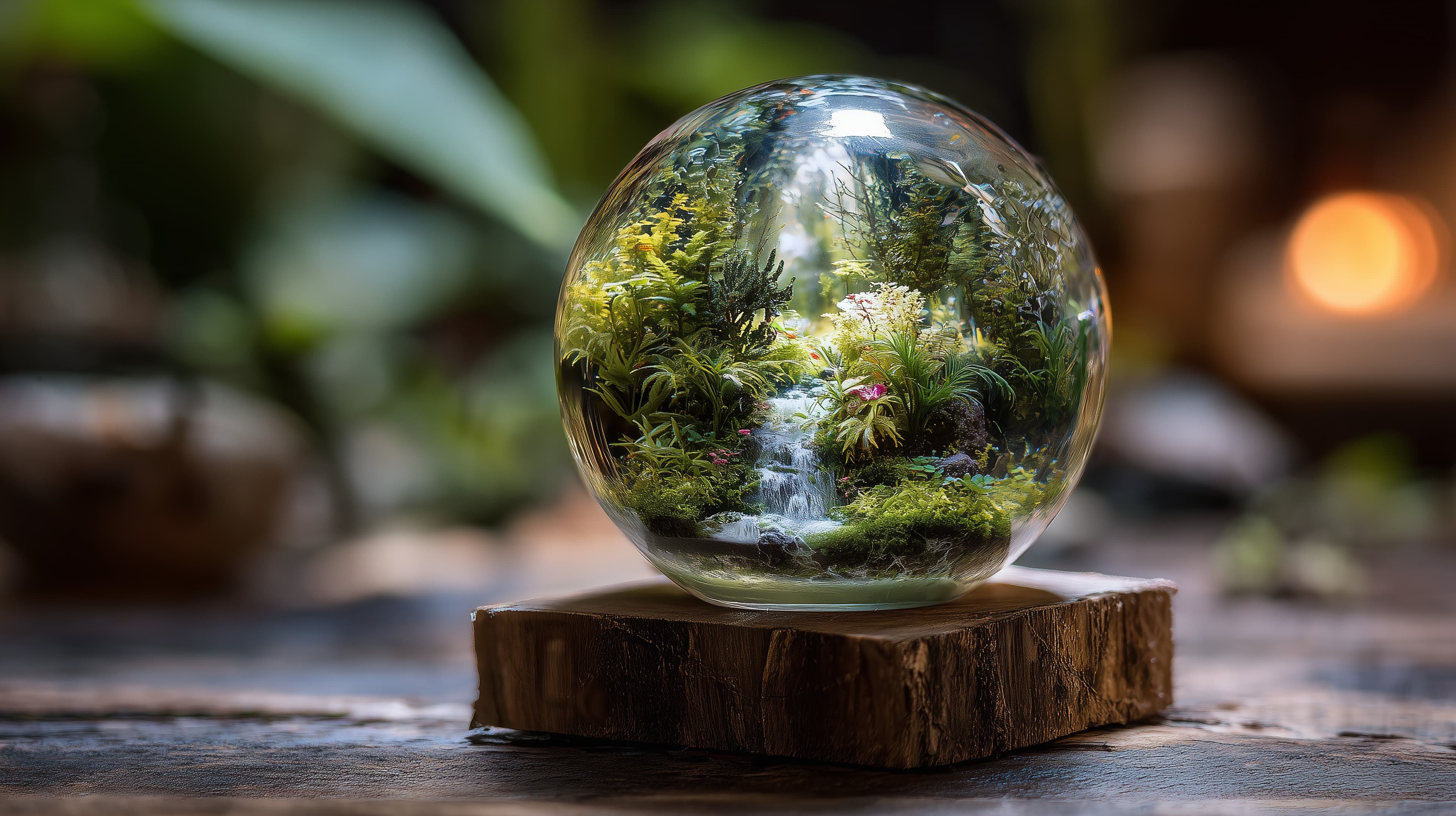 Glass terrarium globe with tiny waterfall garden wallpaper - High Resolution glass-globe-decor Wallpaper for Mobile and Desktop