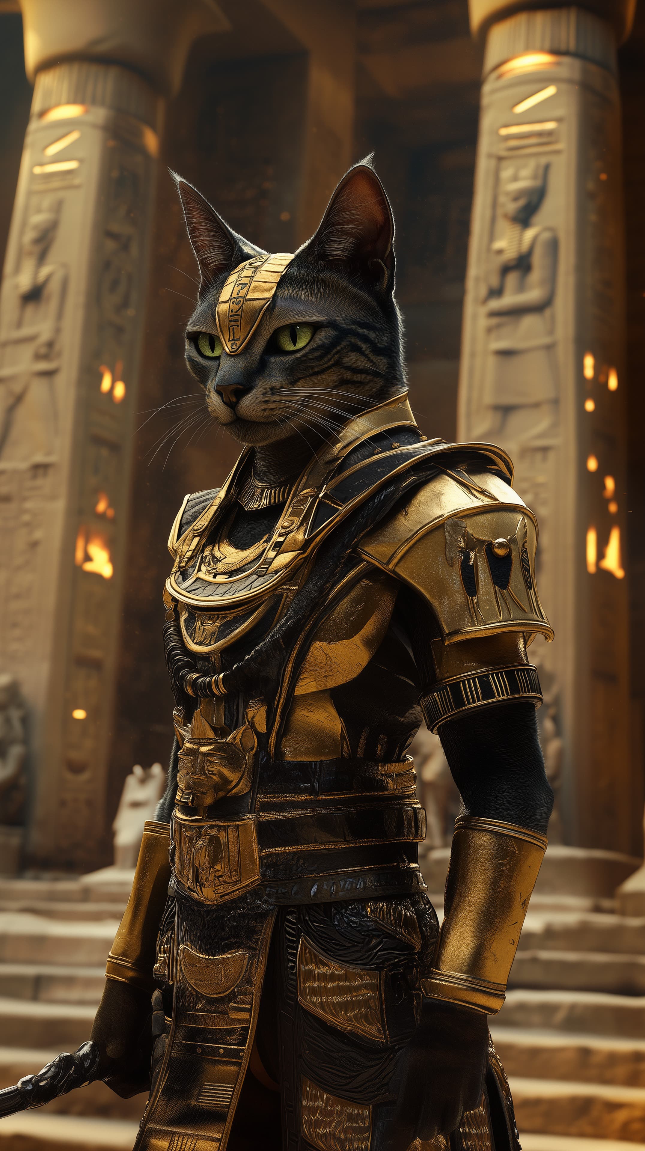 Cat Warrior in Golden Armor Standing in Ancient Temple - High Resolution ancient-temple Wallpaper for Mobile and Desktop