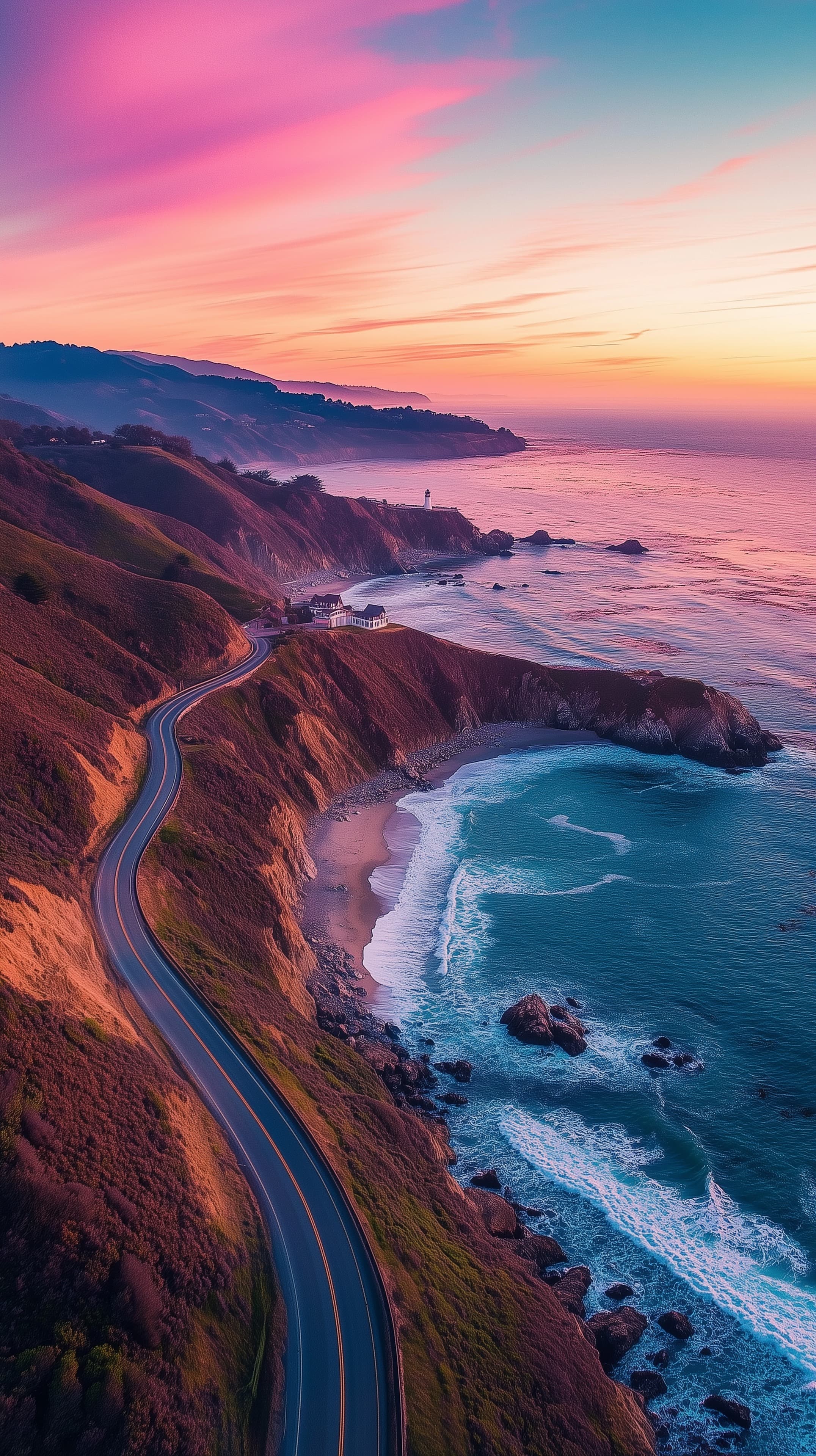Sunset Cliffside Coastal Road Over Turquoise Ocean At Dusk - High Resolution cliffs Wallpaper for Mobile and Desktop