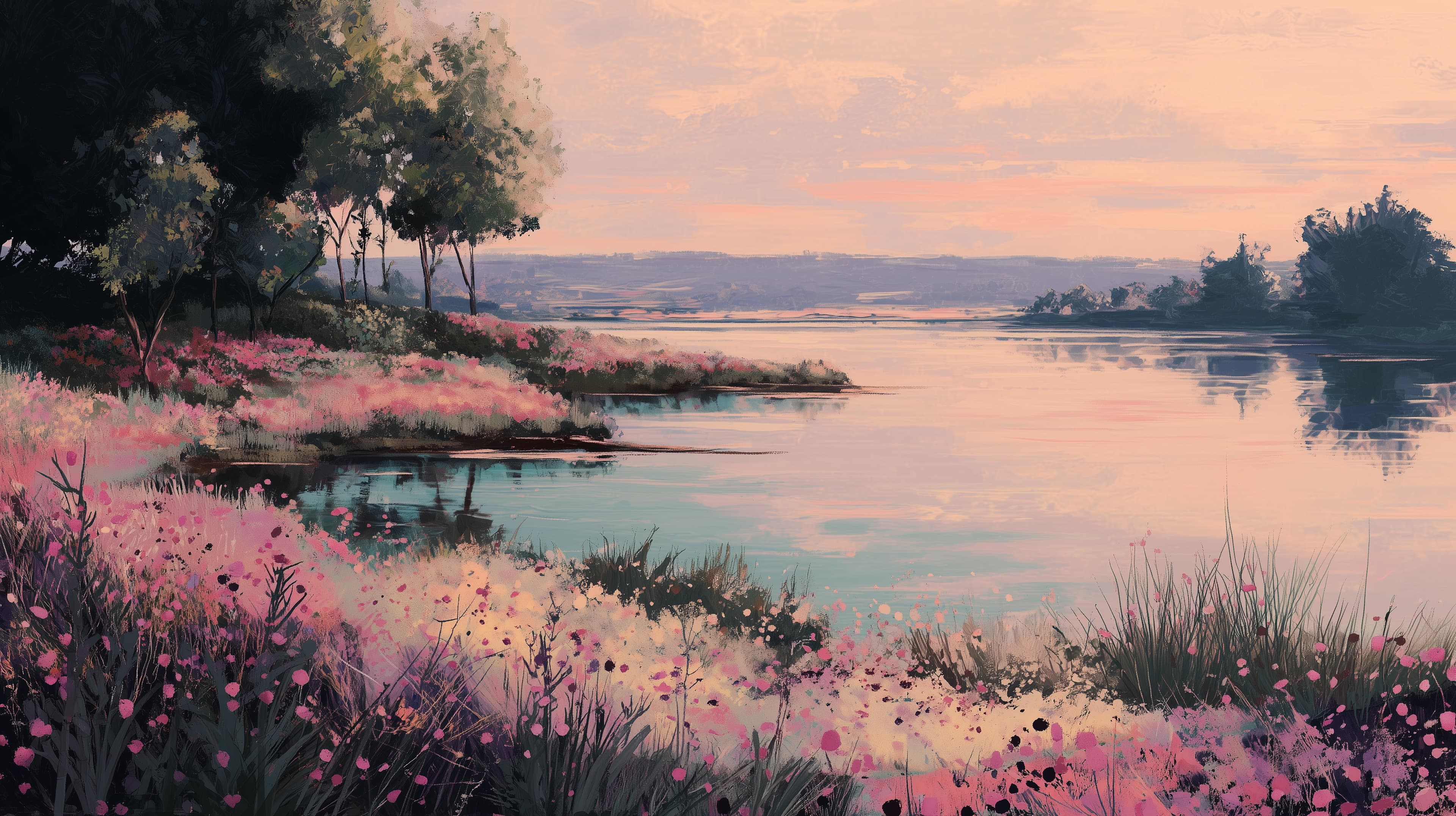 Tranquil River Sunset with Pink Wildflowers Pastel Landscape - High Resolution calm-water-scene Wallpaper for Mobile and Desktop