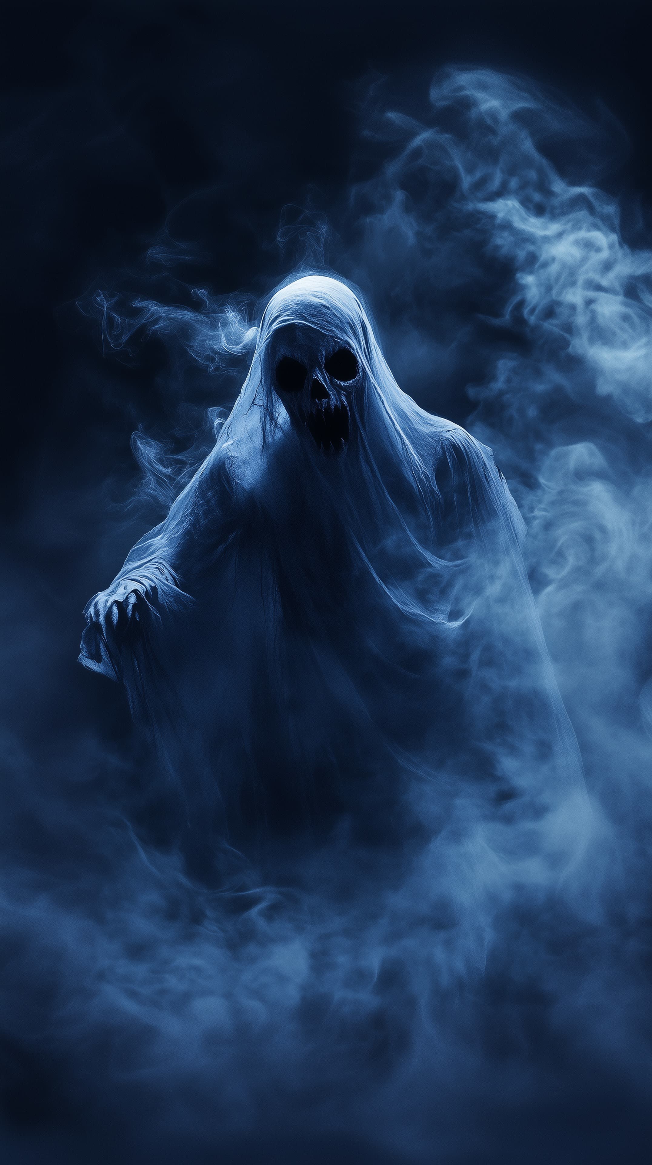 Ethereal Blue Ghost in Mist - Atmospheric Night Wallpaper - High Resolution dark Wallpaper for Mobile and Desktop