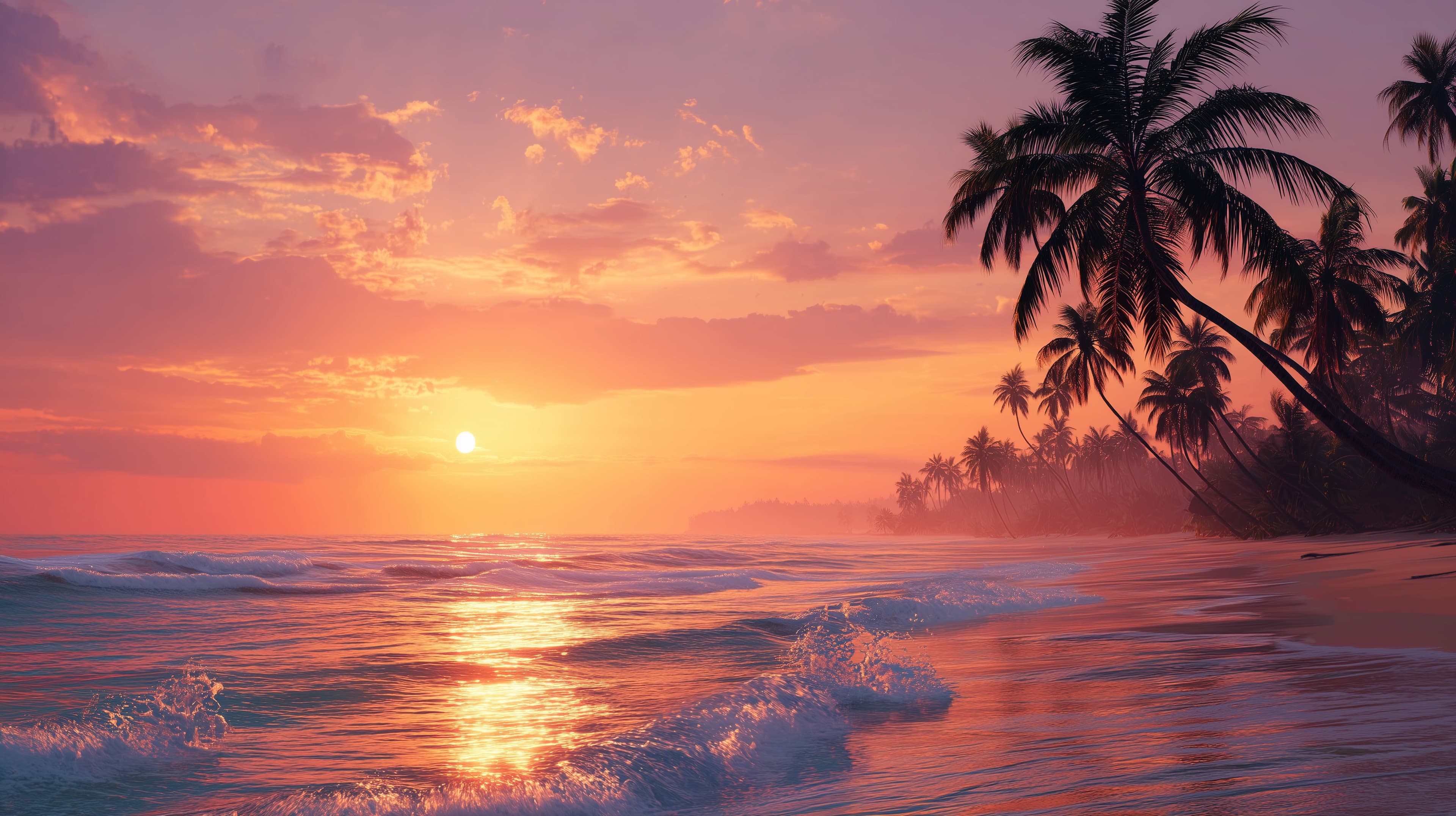 Tropical Sunset Over Calm Ocean with Silhouetted Palm Trees At Dusk - High Resolution beach Wallpaper for Mobile and Desktop