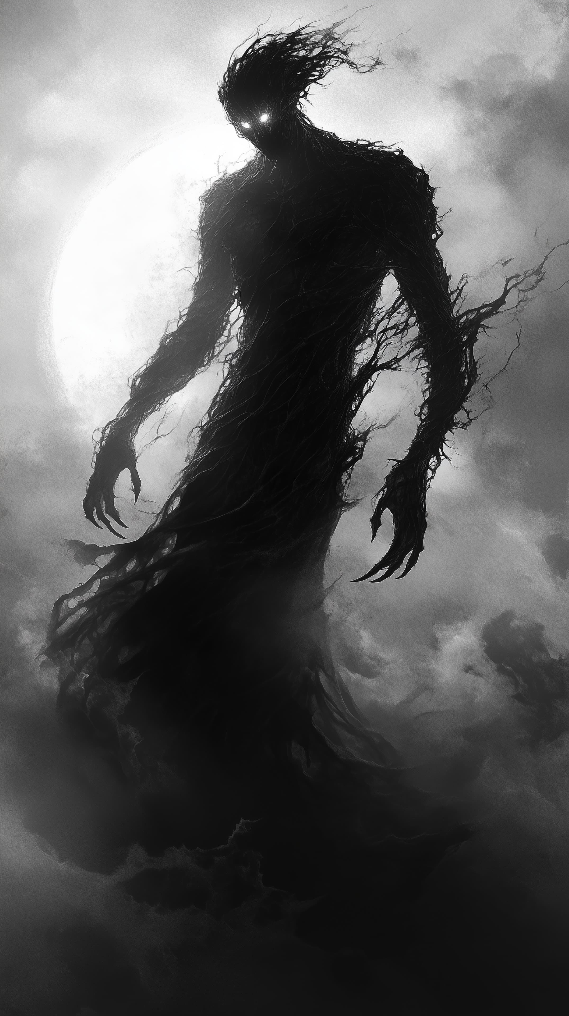 Moonlit Shadow Figure: Dark Tree-Wraith Silhouette Wallpaper - High Resolution monochrome Wallpaper for Mobile and Desktop