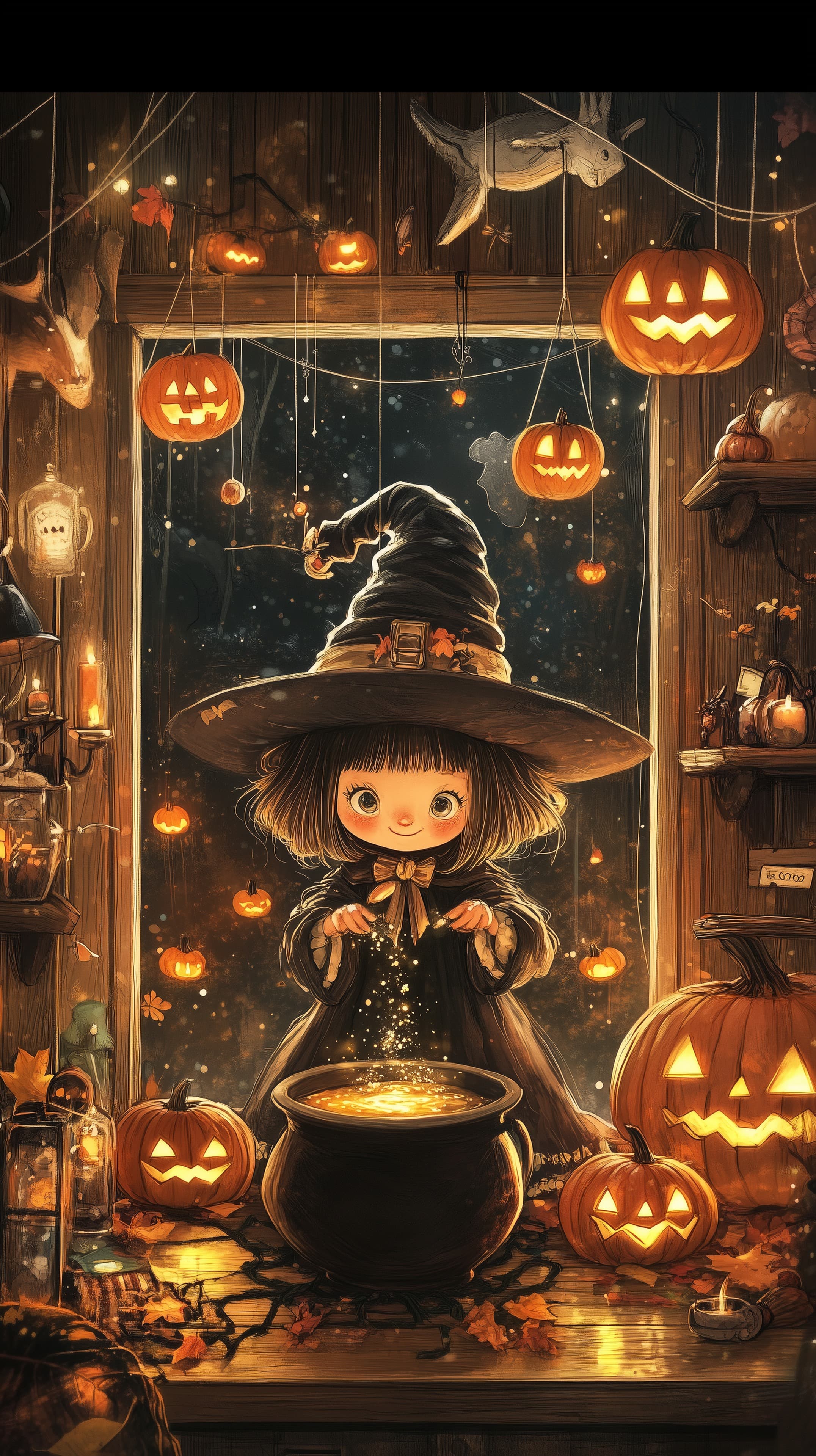 Whimsical Halloween Witch Girl with Pumpkins and Lanterns - High Resolution autumn Wallpaper for Mobile and Desktop