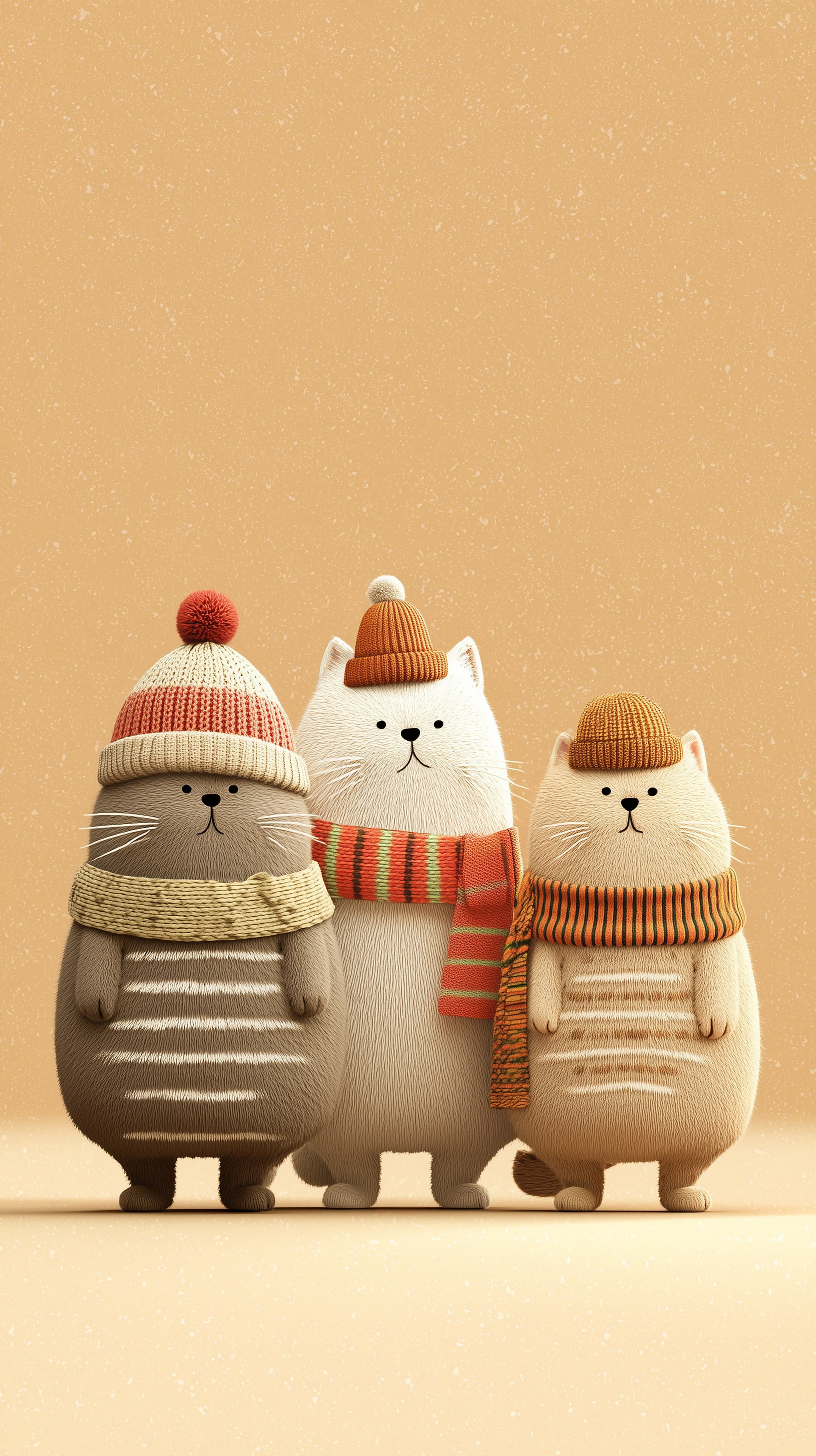 Whimsical Cozy Knitted Cat Trio in Winter Hats Wallpaper - High Resolution 3d-textured-wallpaper Wallpaper for Mobile and Desktop