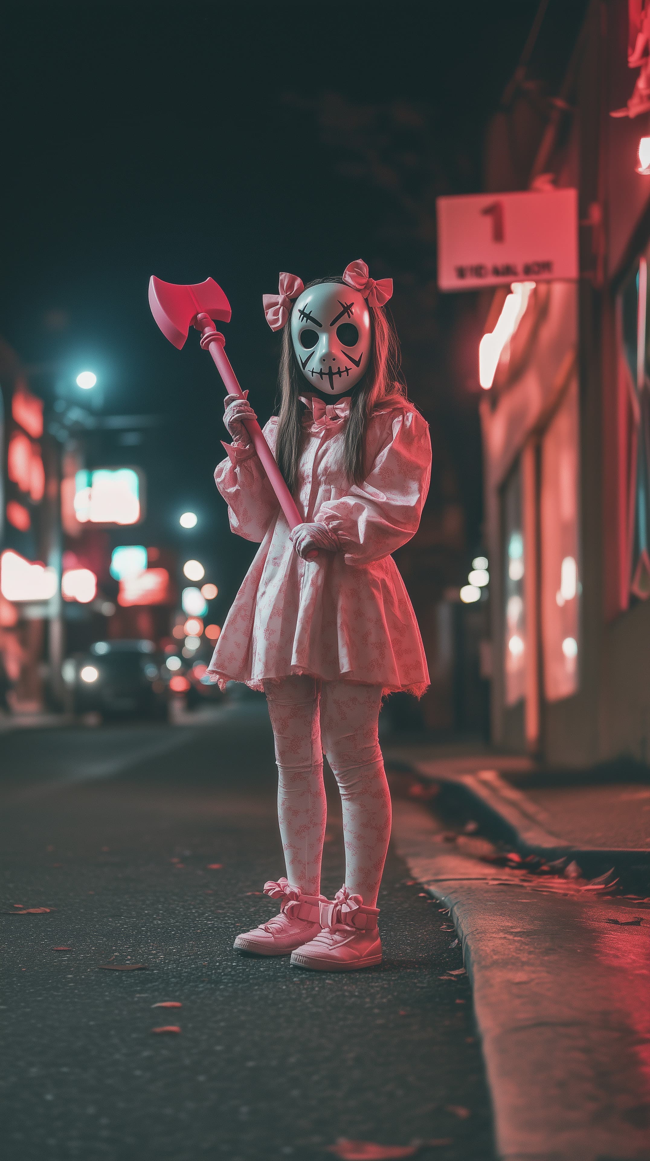 Nighttime Masked Child with Neon Axe on Pink City Street - High Resolution cosplay Wallpaper for Mobile and Desktop