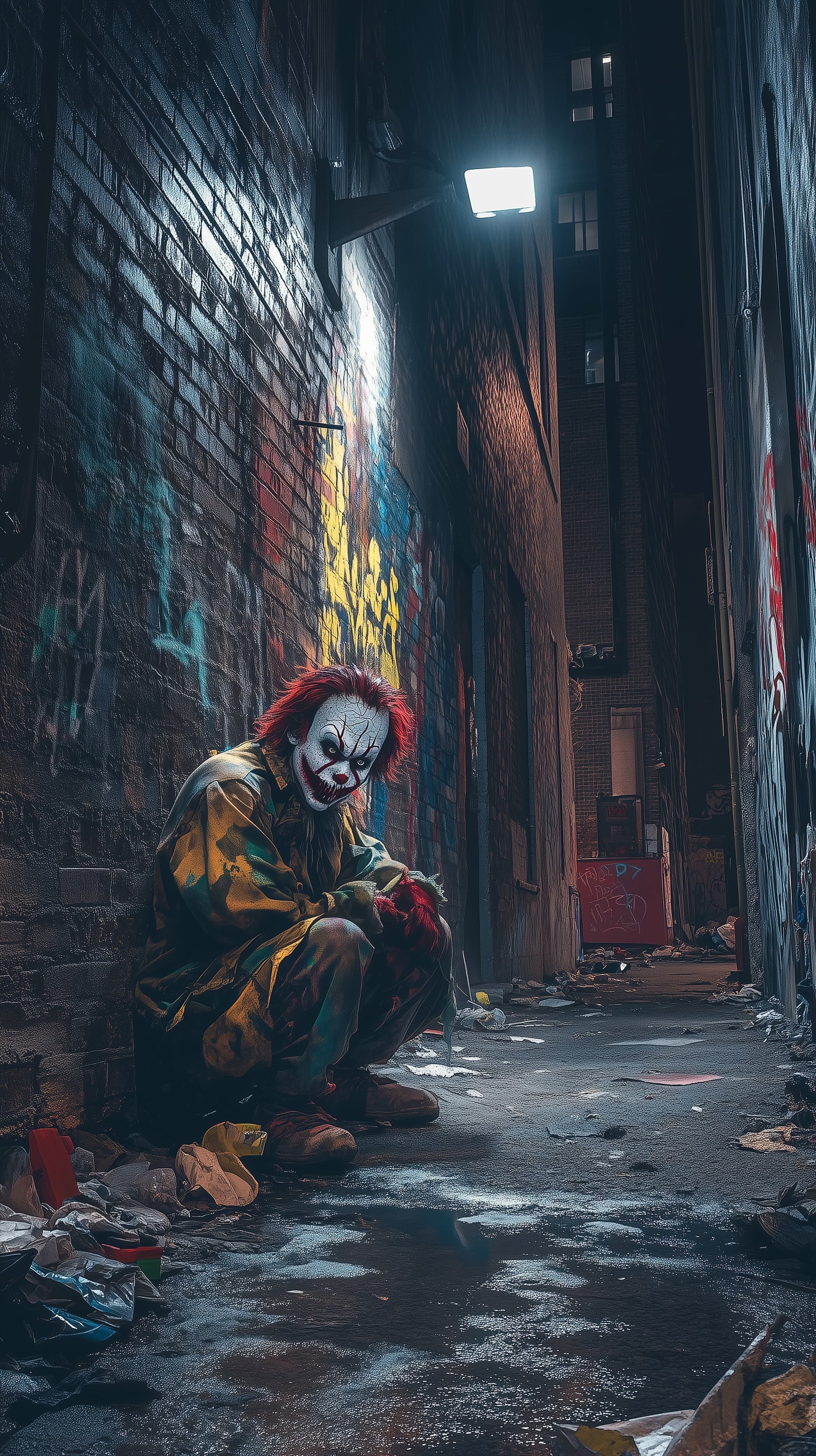 Moody urban alley at night with creepy clown graffiti vibe - High Resolution cinematic-art Wallpaper for Mobile and Desktop
