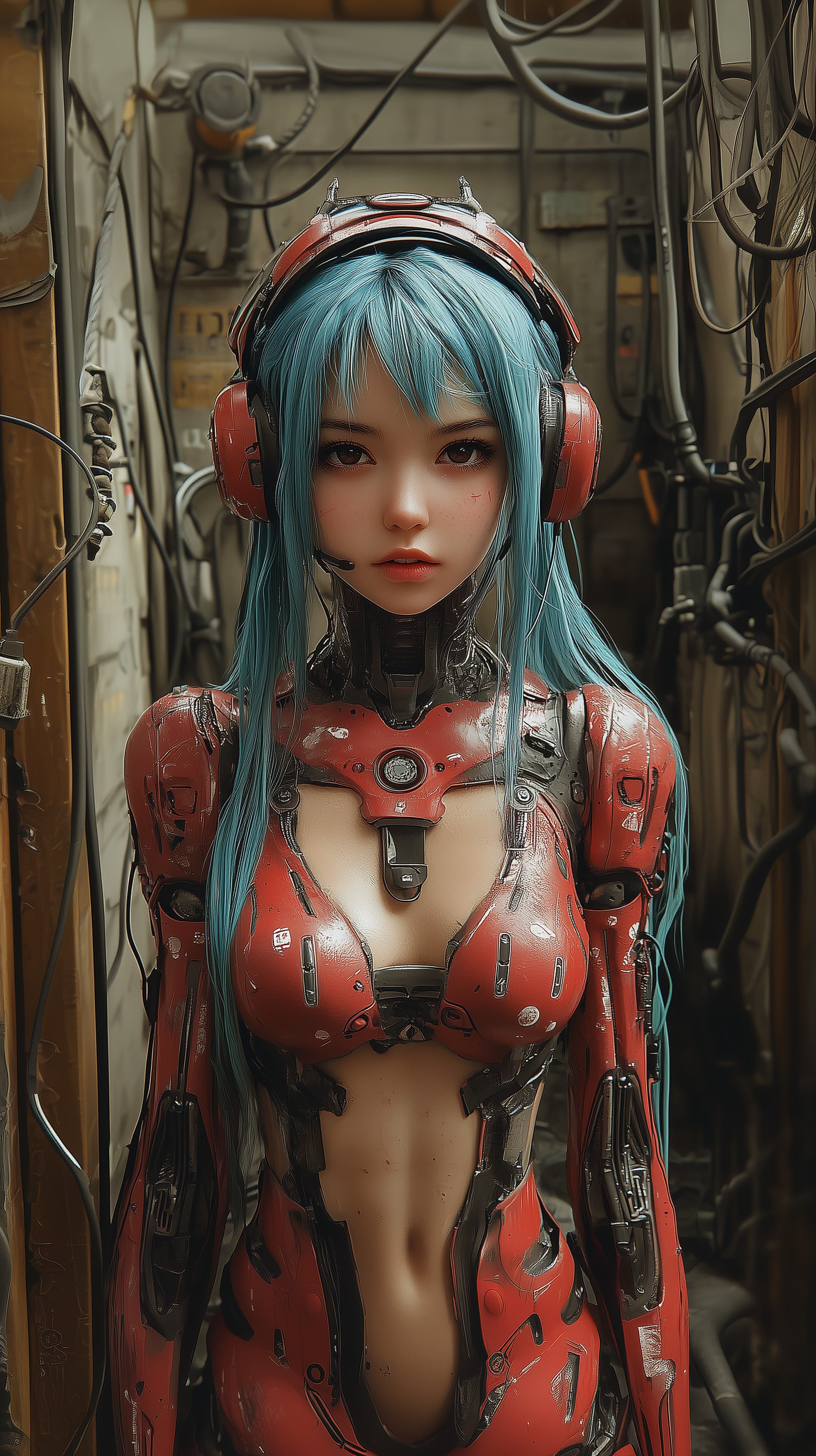 Futuristic Cyborg Woman in Red Armor with Teal Hair and Headset - High Resolution cyborg Wallpaper for Mobile and Desktop