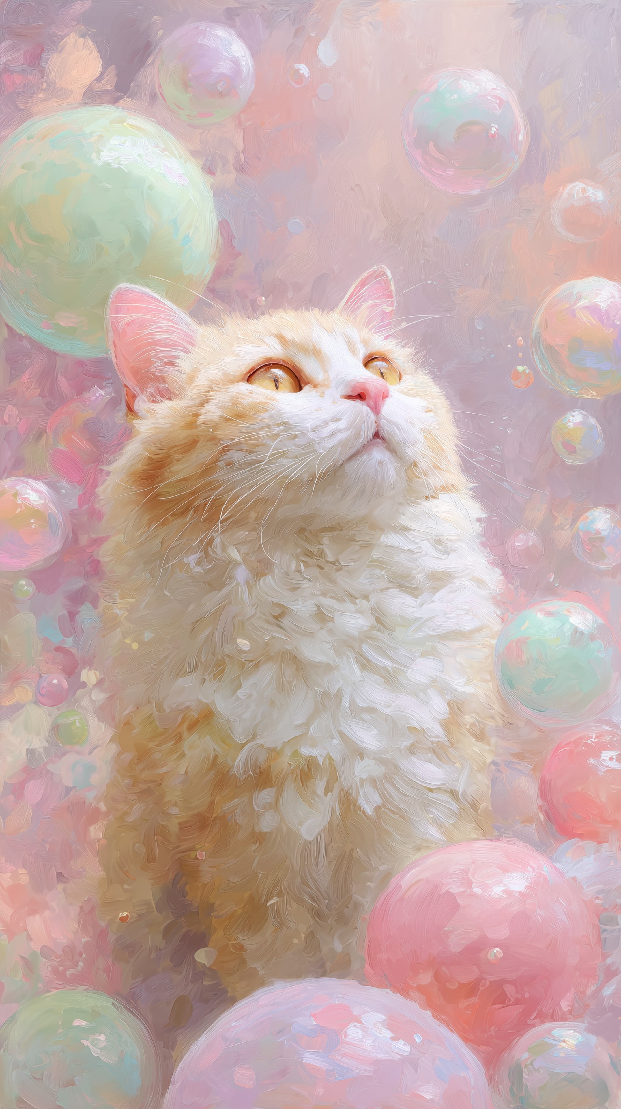 Pastel Dream Cat with Bubbles - Soft Painterly Wallpaper - High Resolution bubbles Wallpaper for Mobile and Desktop